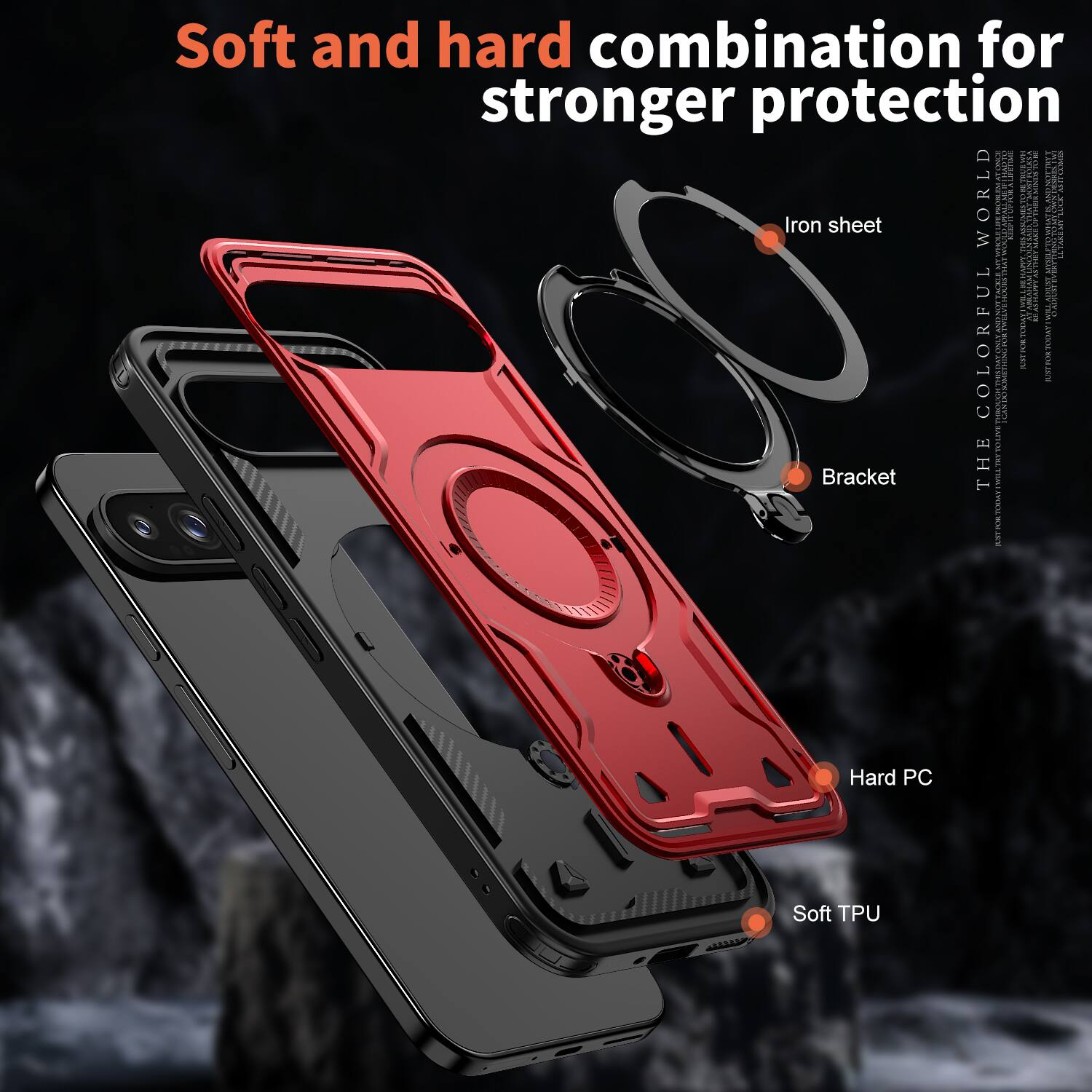 Soft and hard combination for stronger protection

CARTOT WORLD

Iron sheet

Bracket

Hard PC

Soft TPU