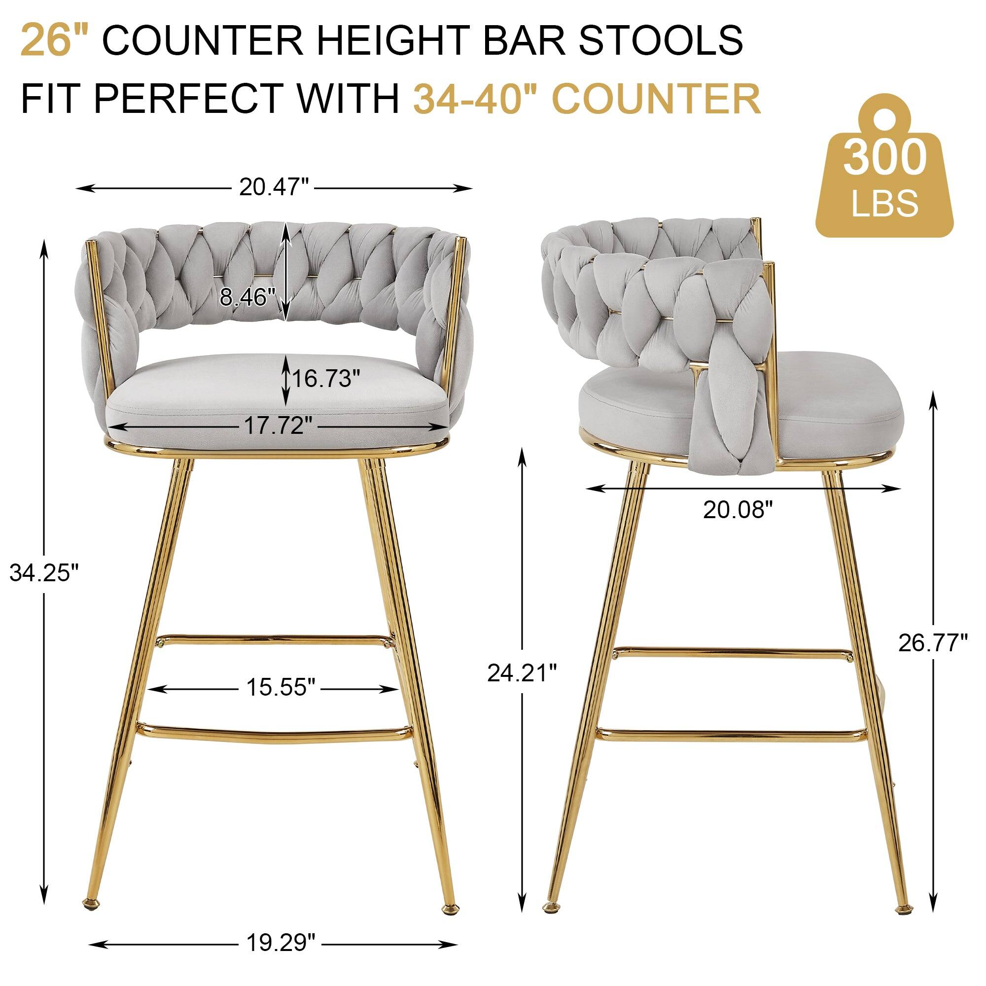 26" COUNTER HEIGHT BAR STOOLS  
FIT PERFECT WITH 34-40" COUNTER  

300 LBS  

- 20.47" (width)  
- 8.46" (back height)  
- 16.73" (seat height)  
- 17.72" (seat depth)  
- 34.25" (overall height)  
- 15.55" (leg width)  
- 19.29" (leg span)  
- 20.08" (side height)  
- 24.21" (side width)  
- 26.77" (overall width)