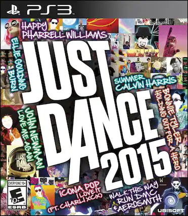 Sure, here is the corrected and grouped text from the image:
---
**PS3**
**JUST DANCE 2015**
- **HAPPY**
PHARRELL WILLIAMS
- **ELLE GOULDING**
BURN
- **SUMMER**
CALVIN HARRIS
- **HOLDING OUT FOR A HERO**
BONNIE TYLER
- **LOVE ME AGAIN**
JOHN NEWMAN
- **ICONA POP**
I LOVE IT
(FT. CHARLIE XCX)
- **WALK THIS WAY**
RUN-DMC
& AEROSMITH
- **JUST DANCE 2015**
- **EVERYONE 10+**
ESRB
- **UBISOFT**
---
This text is organized based on the layout and grouping seen in the image. - E10+ (Everyone 10+)