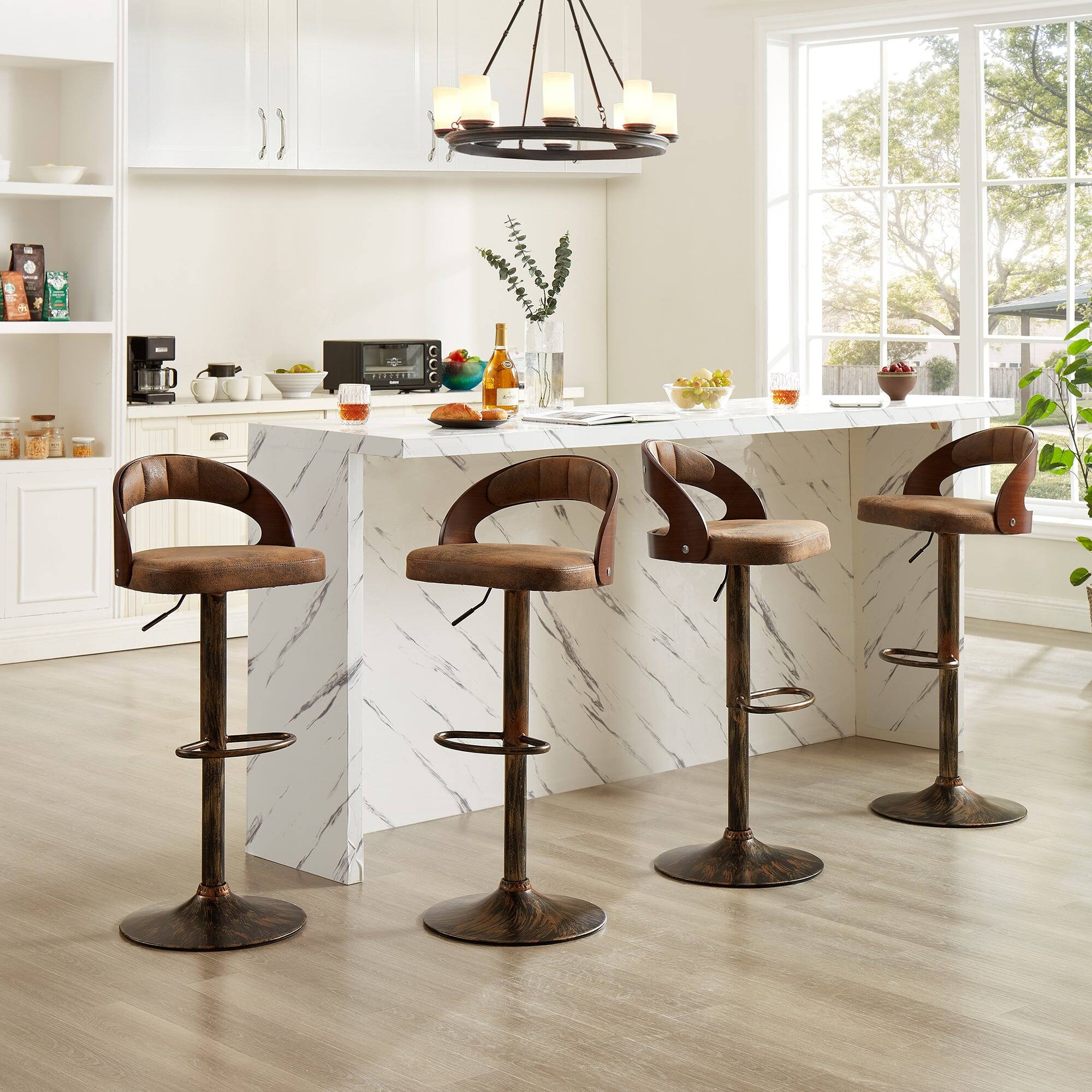 Alt View 1. Vecelo - Set of 2 Swivel Bar Stools with Adjustable Height - 360° Rotation, PU Leather & Metal Base, 330lb Capacity - Dark Brown.