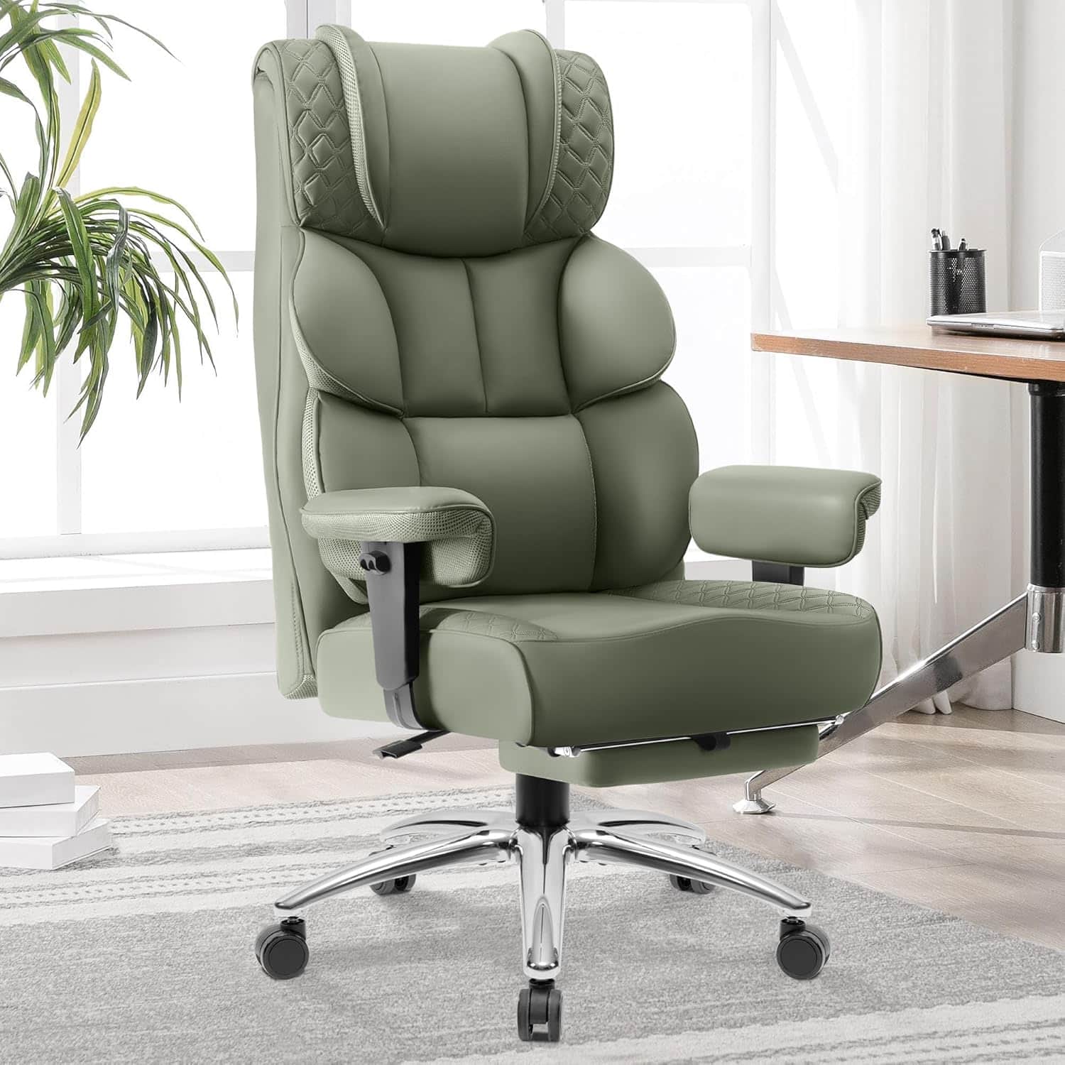 Front. KERDOM - Large PU Leather Office Desk Chair Gaming Chair with Footrest, Wide Seat Ergonomic Comfy Executive High Back Reclining - Green.