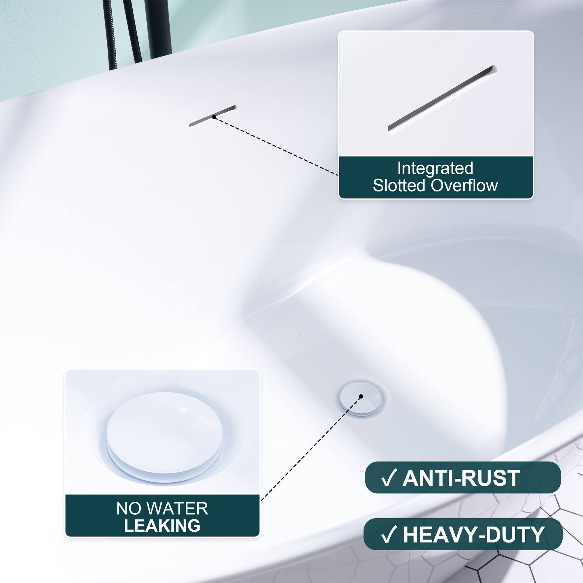Integrated Slotted Overflow  
NO WATER LEAKING  
ANTI-RUST  
HEAVY-DUTY