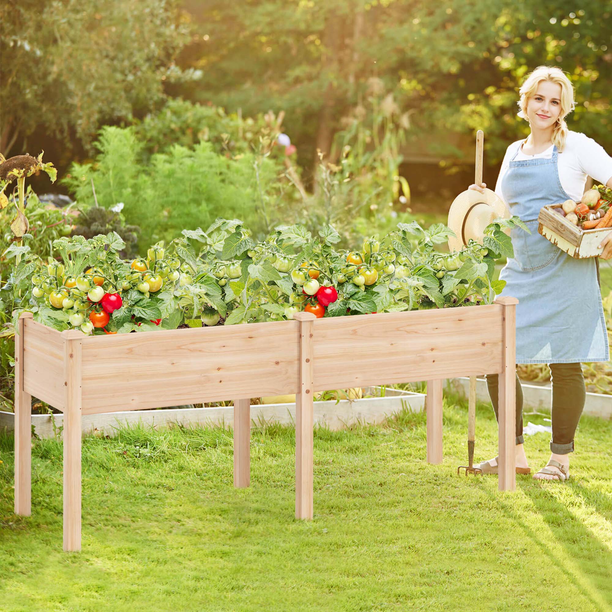 Alt View 5. Costway - Raised Garden Bed Elevated Fir Wood Planter Box with 2 Large Planting Areas - Beige.