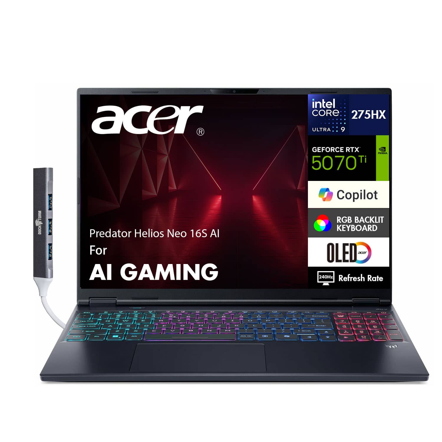 Acer - Predator Helios Neo 16S AI Laptop 16.0 WQXGA (Intel Ultra 9- 275HX, 32GB DDR5, Win 11 Pro) w/USB Hub - Obsidian Black