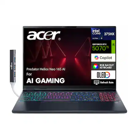 Acer Predator Helios Neo 16S AI For AI Gaming
Intel Core i9 275HX
NVIDIA GeForce RTX 5070 Ti
Copilot
RGB Backlit Keyboard
OLED
240Hz Refresh Rate