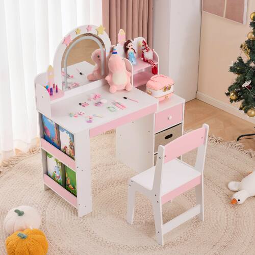 Alt View 8. Winado - 2-in-1 Vanity Makeup Table Study Desk Chair Set with 3 Color Mirror & Side Storage Shelves Kids Girls Christmas Gift - White & Pink.