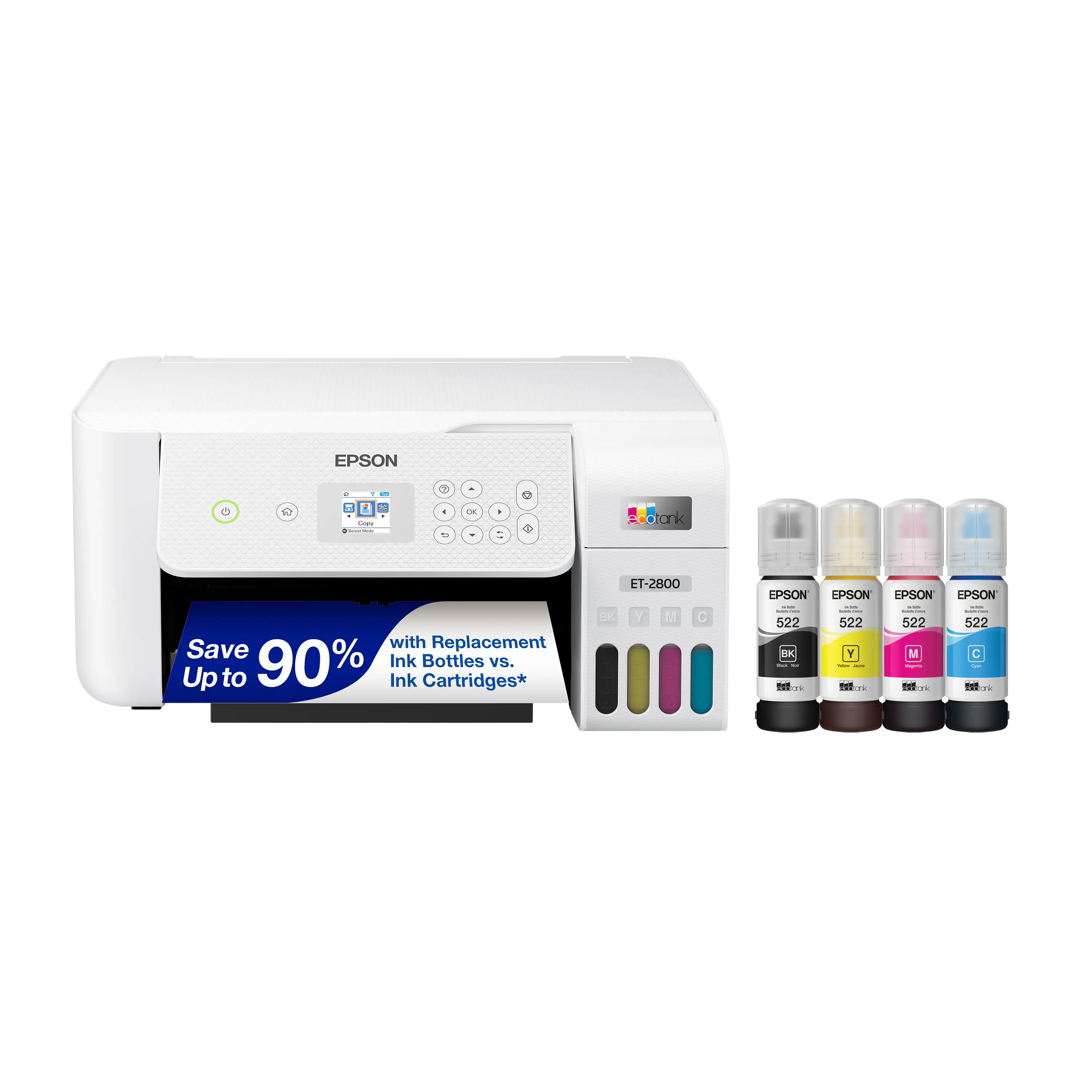 EPSON ET-2800 with Replacement Save 90% Ink Bottles vs. Up to Ink Cartridges* DX Y M C | 522 IR : - : 522 Y | I - 10S 522 M t : 522 C - .