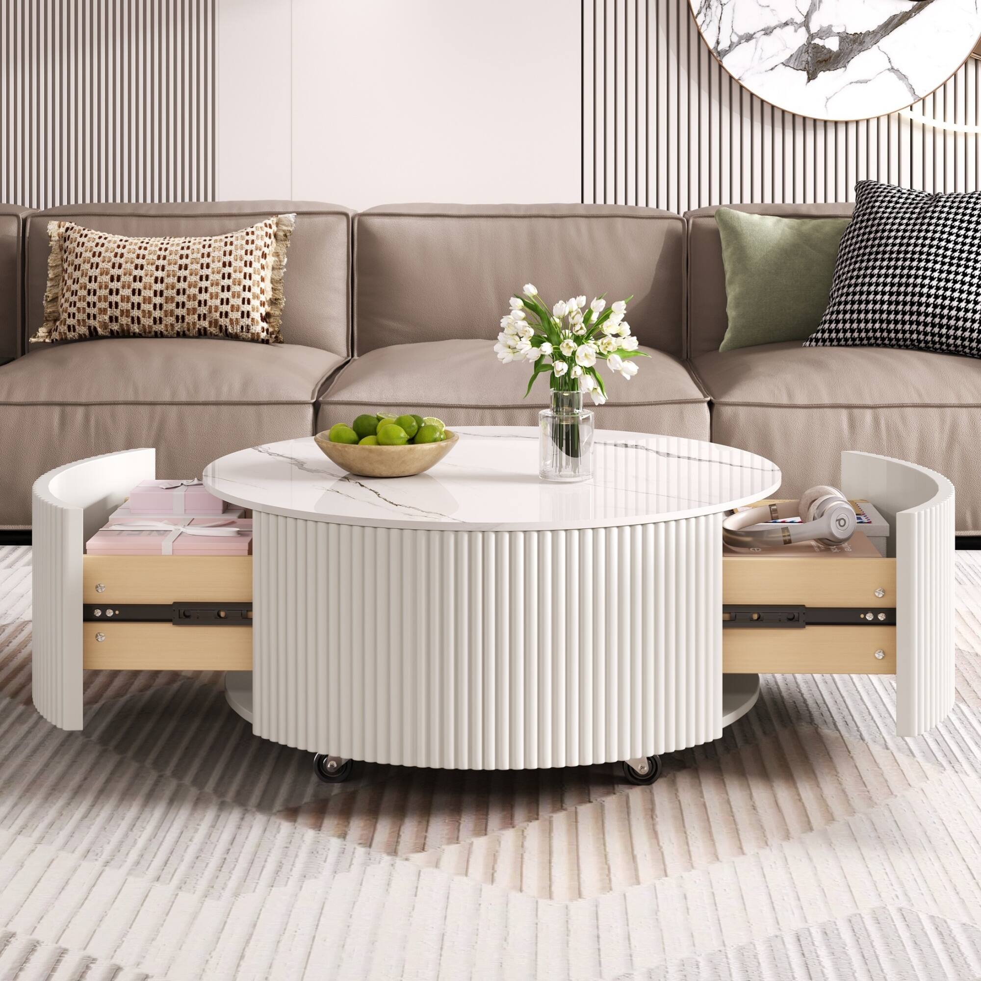 Left. GOODSILO - Modern Round Mobile Coffee Table with Two Drawers and Marble-Pattern Top - White.