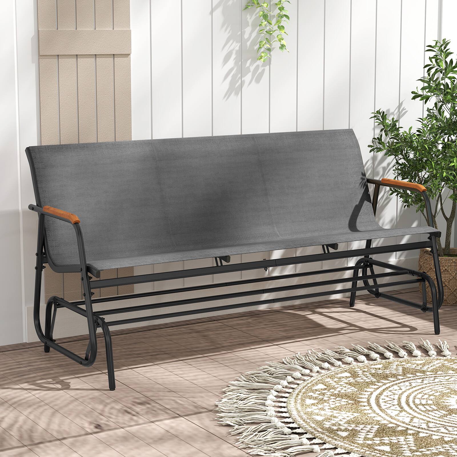 Alt View 1. Costway - Costway Patio Glider Bench for 3, Swing Gliding Long Seat with Curved Teak Armrests - Gray.