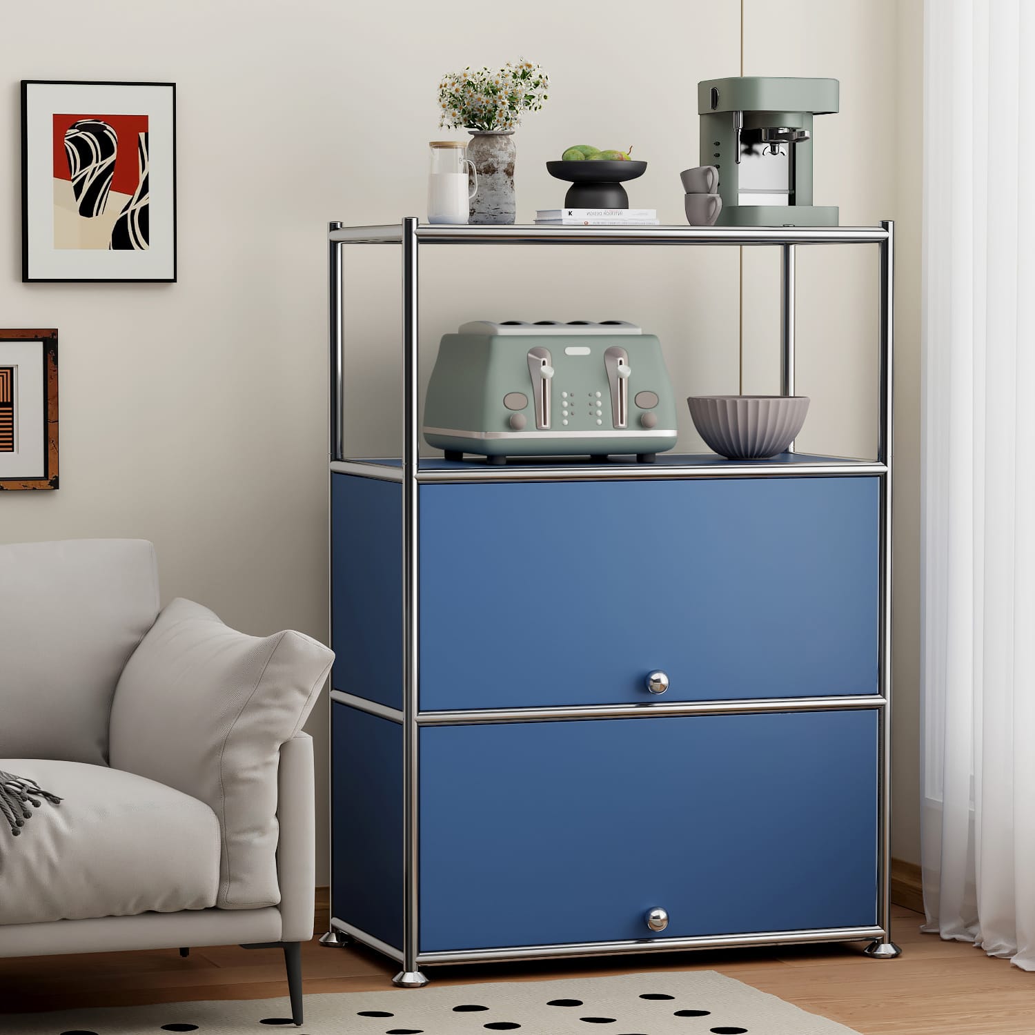 Front. Malletson - 3 Tier Modular Metal Sideboard Storage Cabinet, Modern Grid-Style, for Dining Room, Living Room or Office - Blue.