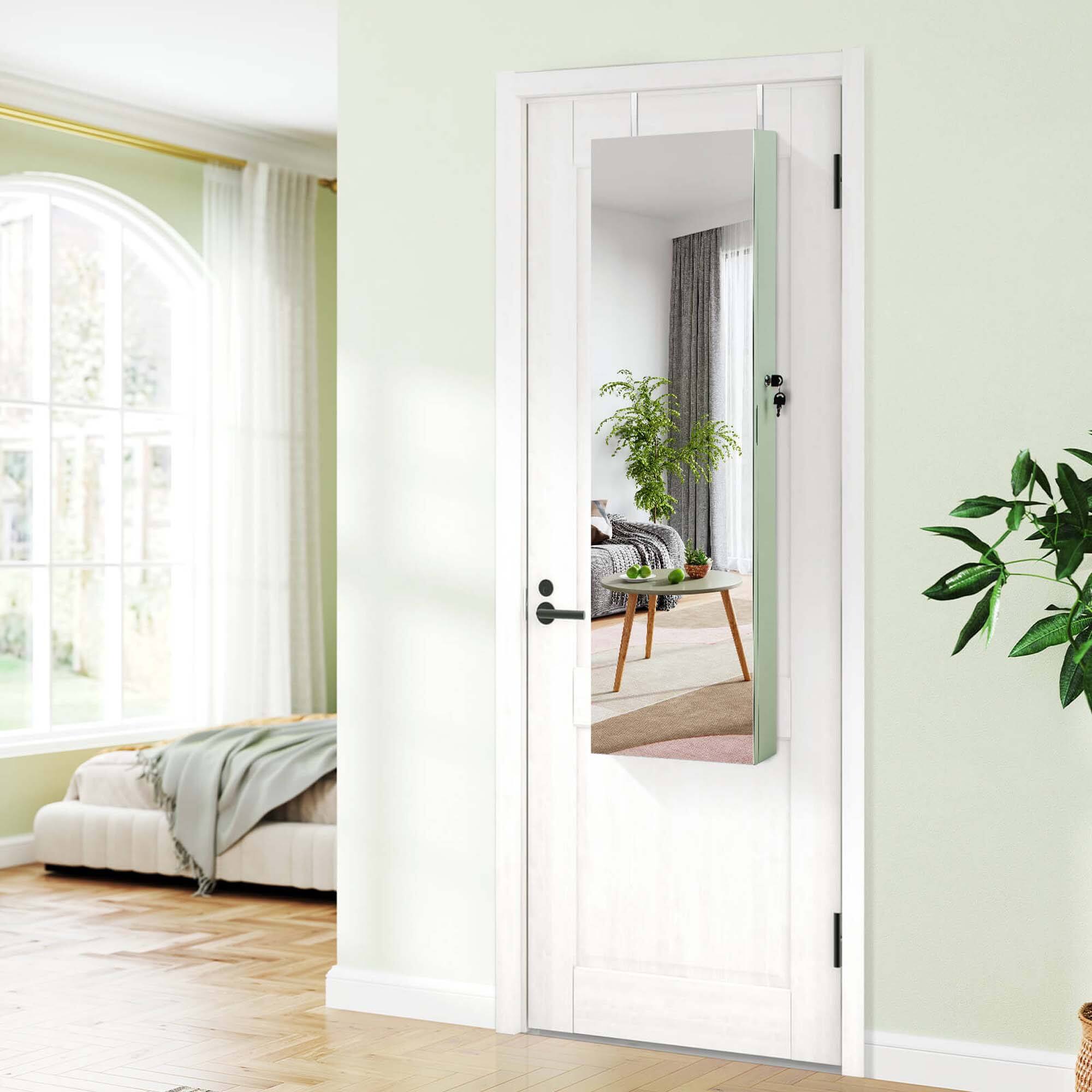 Alt View 3. Costway - Costway Mirrored Wall & Door Mounted Jewelry Cabinet Storage Organizer with Lights&Drawer - Green.