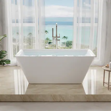 Front. WELLFOR - Square 60 in. Acrylic Flatbottom Double Ended Freestanding Soaking Bathtub with Drain and Overflow - White.