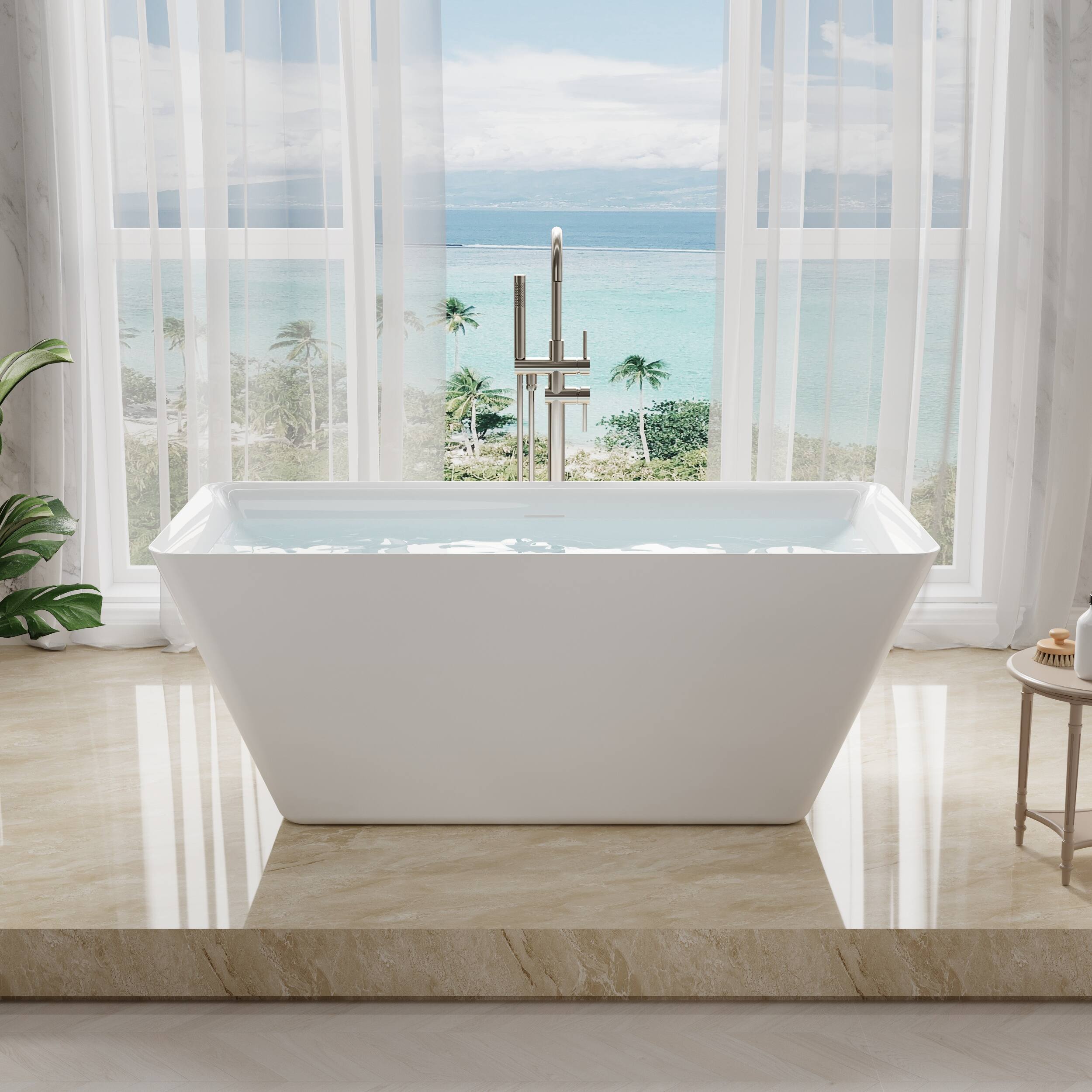 Front. WELLFOR - Square 60 in. Acrylic Flatbottom Double Ended Freestanding Soaking  Bathtub with Drain and Overflow - White.