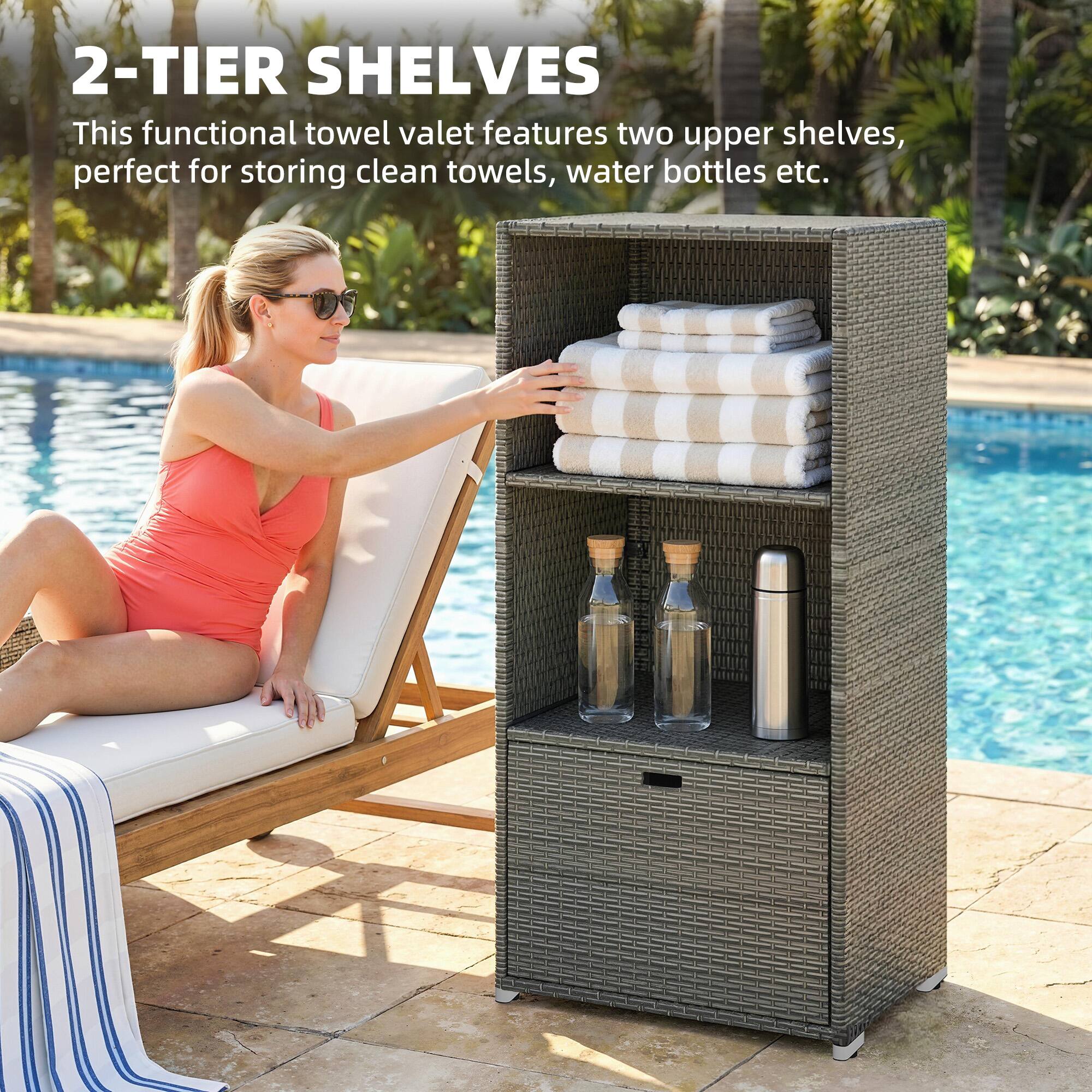 2-TIER SHELVES

This functional towel valet features two upper shelves, perfect for storing clean towels, water bottles etc.