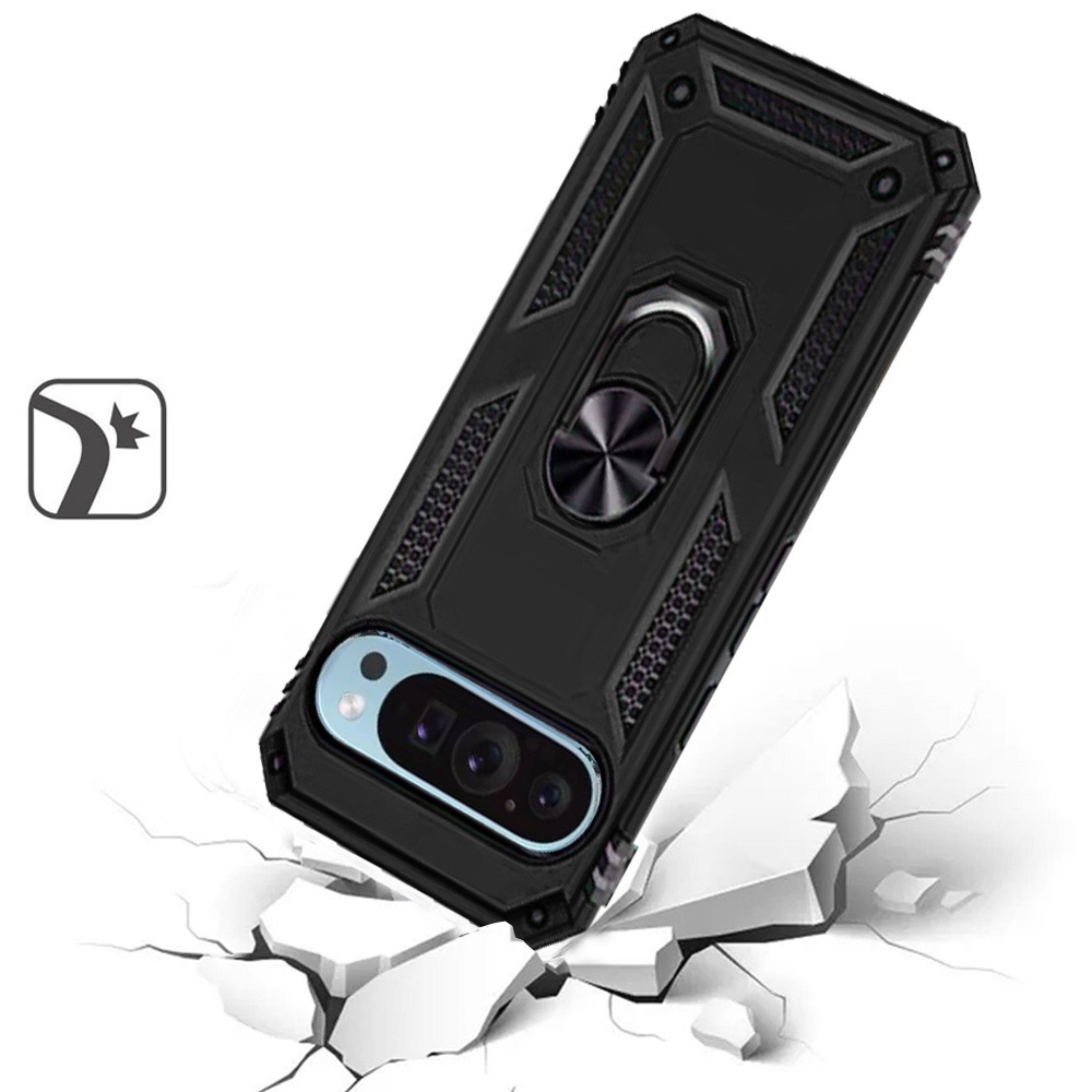 Left. Kitcheniva - Rugged Magnetic Ring Kickstand Hybrid Case For Google Pixel 9 Pro XL Black - Black.