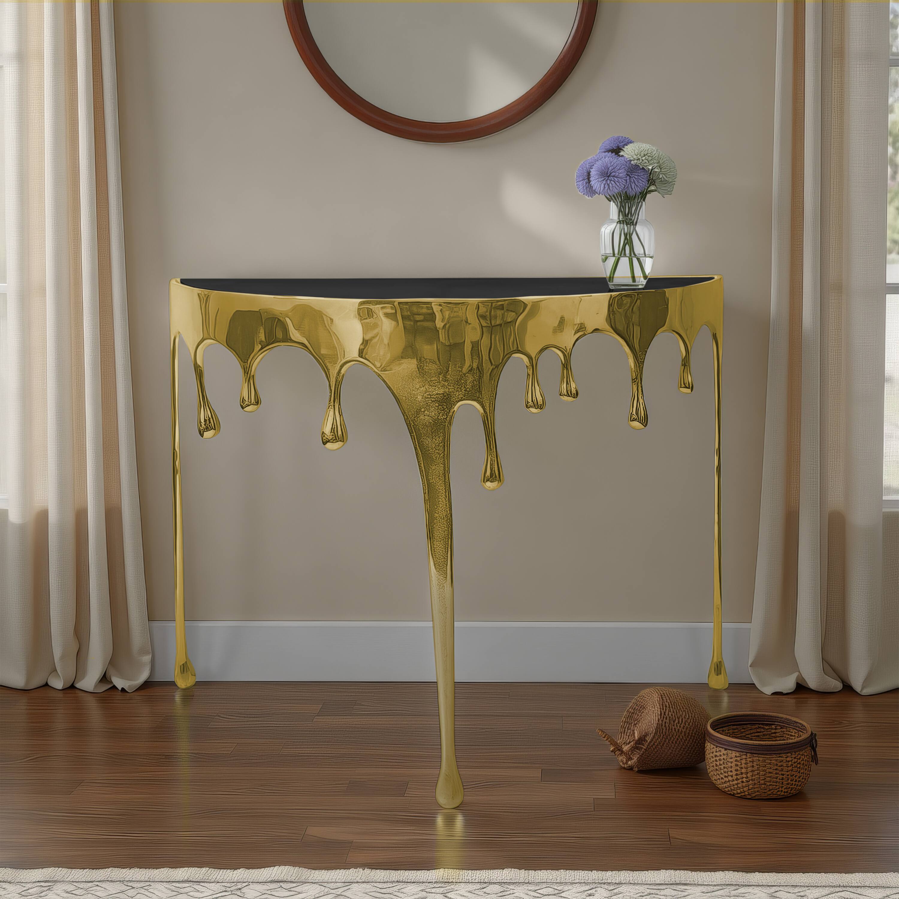 Alt View 10. Manhattan Lane - Capri Sofa Console Table | 36.25" Half Moon Glass Top | Melting Drip Design | Aluminum Cast - Gold, Black.