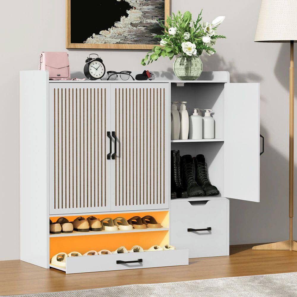 Alt View 2. Kadyn - Multi-Functional Shoe Cabinet with Stool and Adjustable Shelves - White - White.