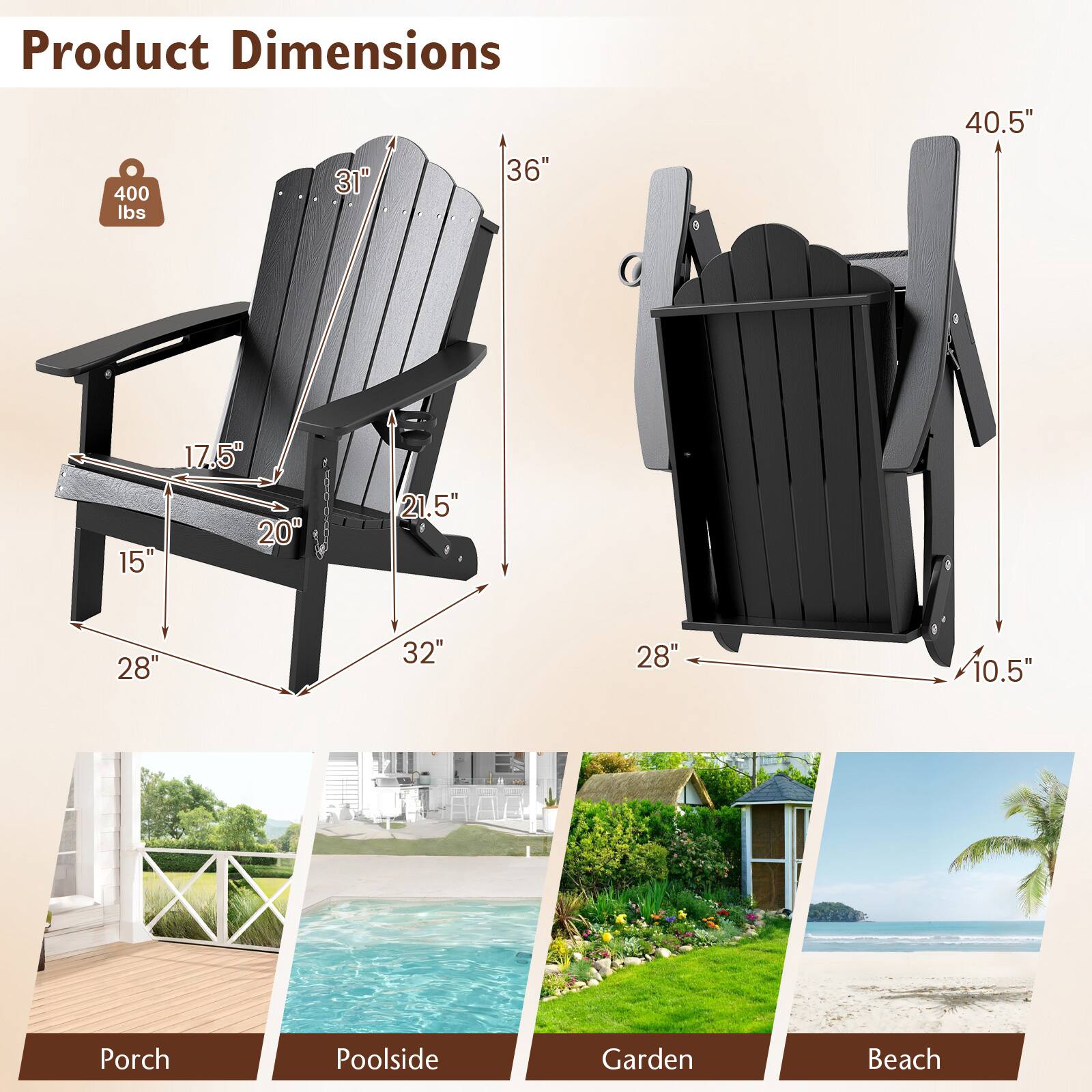 Product Dimensions: 400 lbs, 31", 36", 40.5", 15", 17.5", 20", 21.5", 28", 32", 28", 10.5"  
Porch, Poolside, Garden, Beach