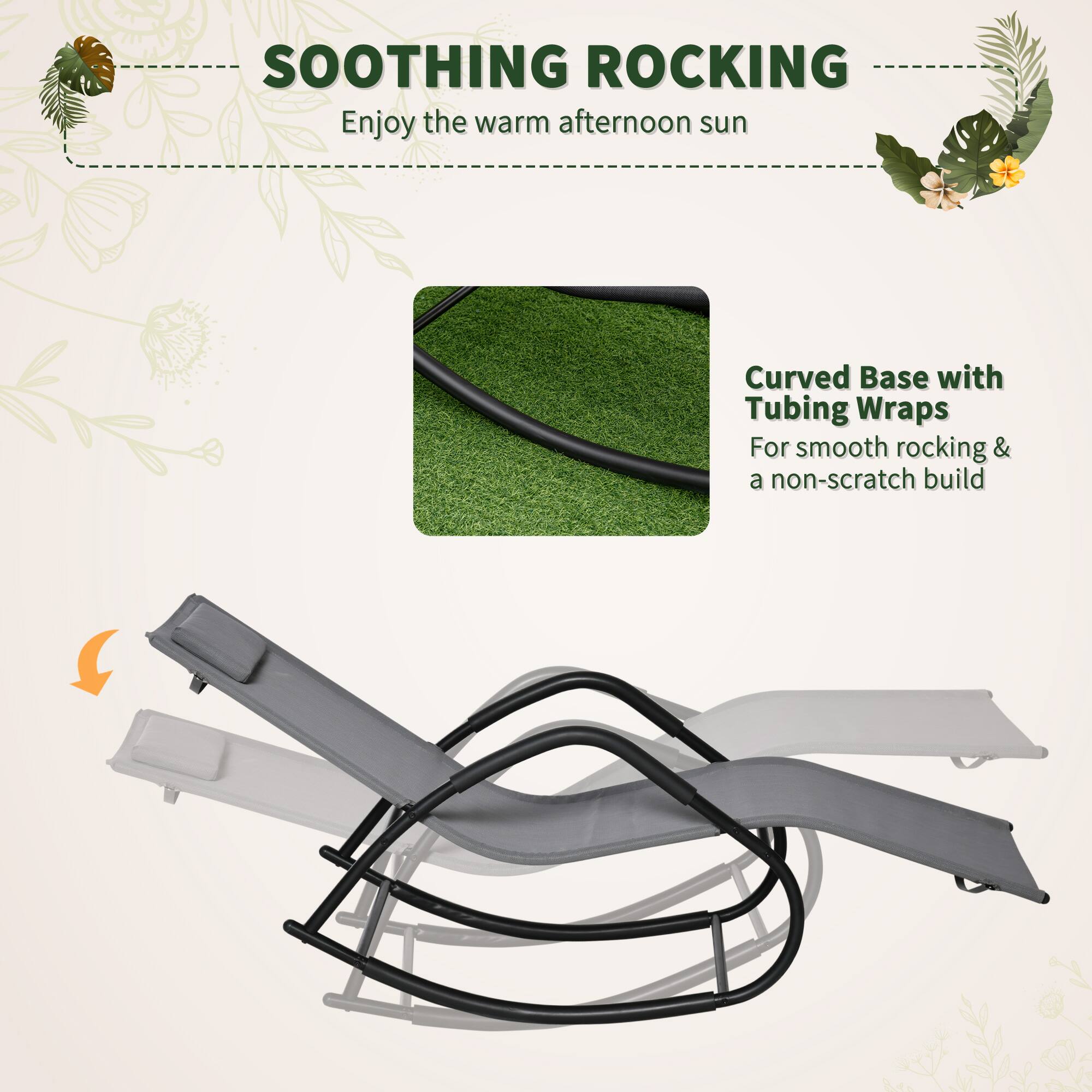SOOTHING ROCKING
Enjoy the warm afternoon sun
Curved Base with Tubing Wraps
For smooth rocking & a non-scratch build