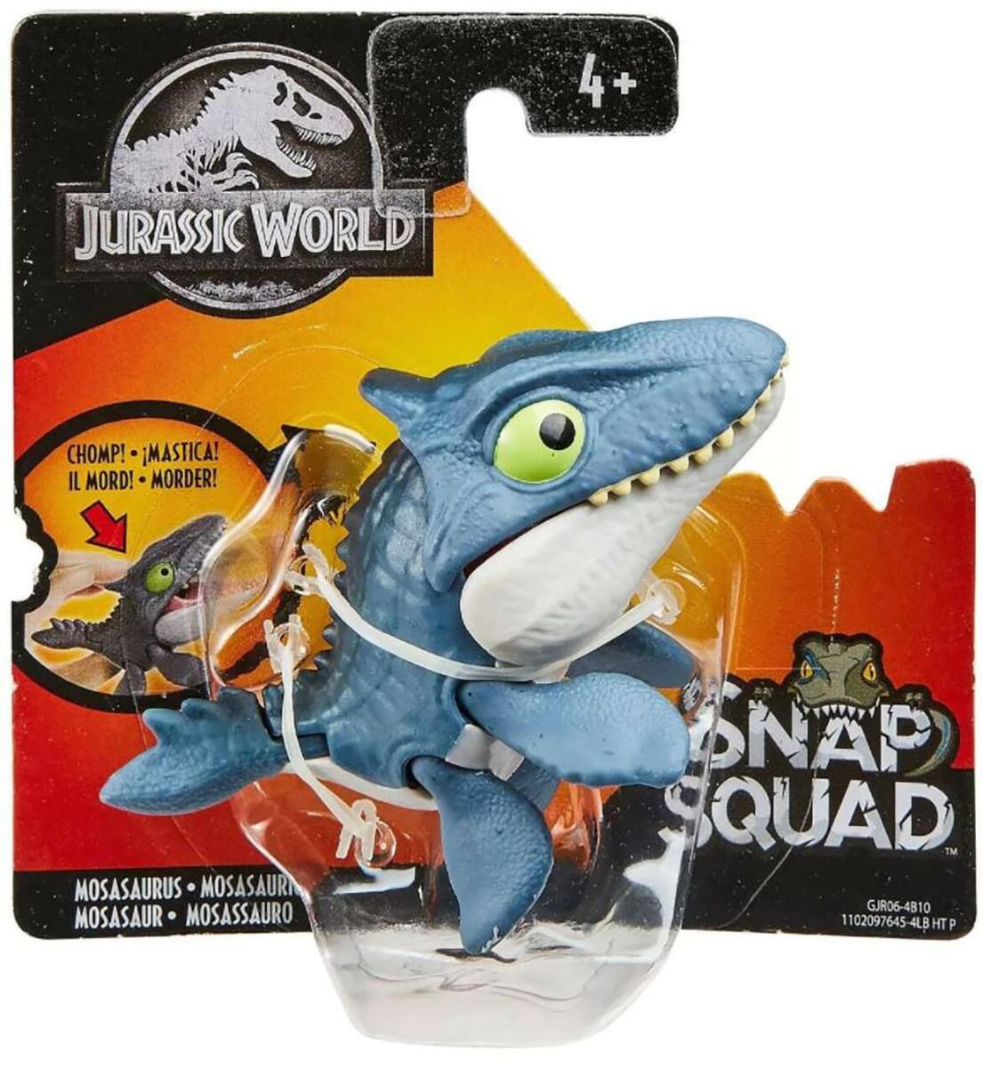 4+  
JURASSIC WORLD  
CHOMP! - MASTICA!  
IL MORD! - MORDER!  

MOSASAURUS - MOSASAURI  
MOSASAUR - MOSASSAURO  

SNAP SQUAD  
GJRO6-4810  
1102097645-4LB HT P