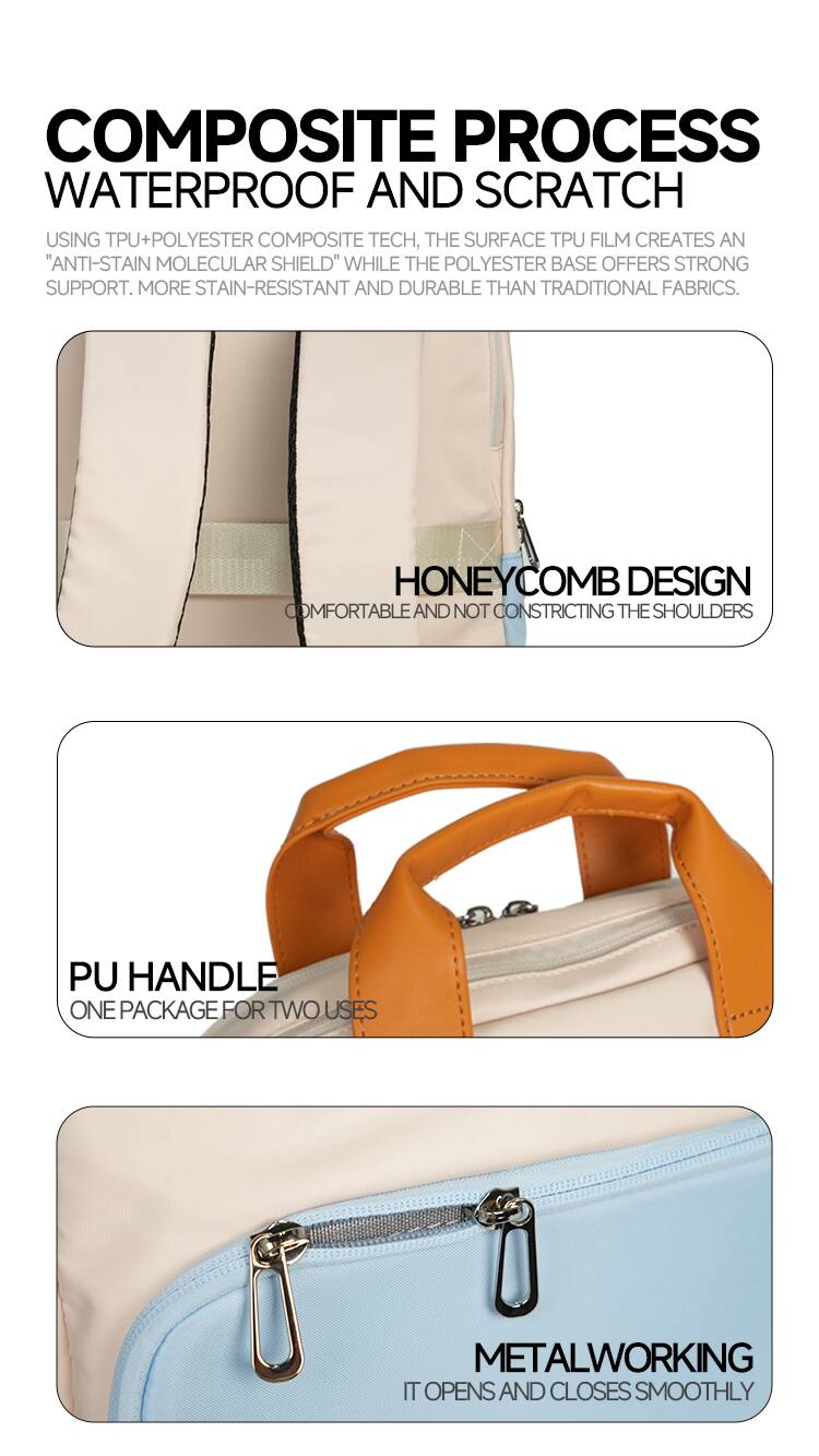 COMPOSITE PROCESS  
WATERPROOF AND SCRATCH  
USING TPU+POLYESTER COMPOSITE TECH, THE SURFACE TPU FILM CREATES AN "ANTI-STAIN MOLECULAR SHIELD" WHILE THE POLYESTER BASE OFFERS STRONG SUPPORT. MORE STAIN-RESISTANT AND DURABLE THAN TRADITIONAL FABRICS.  

HONEYCOMB DESIGN  
COMFORTABLE AND NOT CONSTRICTING THE SHOULDERS  

PU HANDLE  
ONE PACKAGE FOR TWO USES  

METALWORKING  
IT OPENS AND CLOSES SMOOTHLY