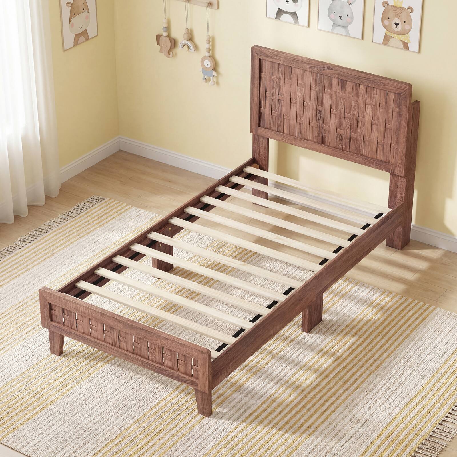 Alt View 1. Costway - Costway Twin Size Bed Frame with Woven Accent Headboard & Footboard, Wooden Slat Support - Walnut.