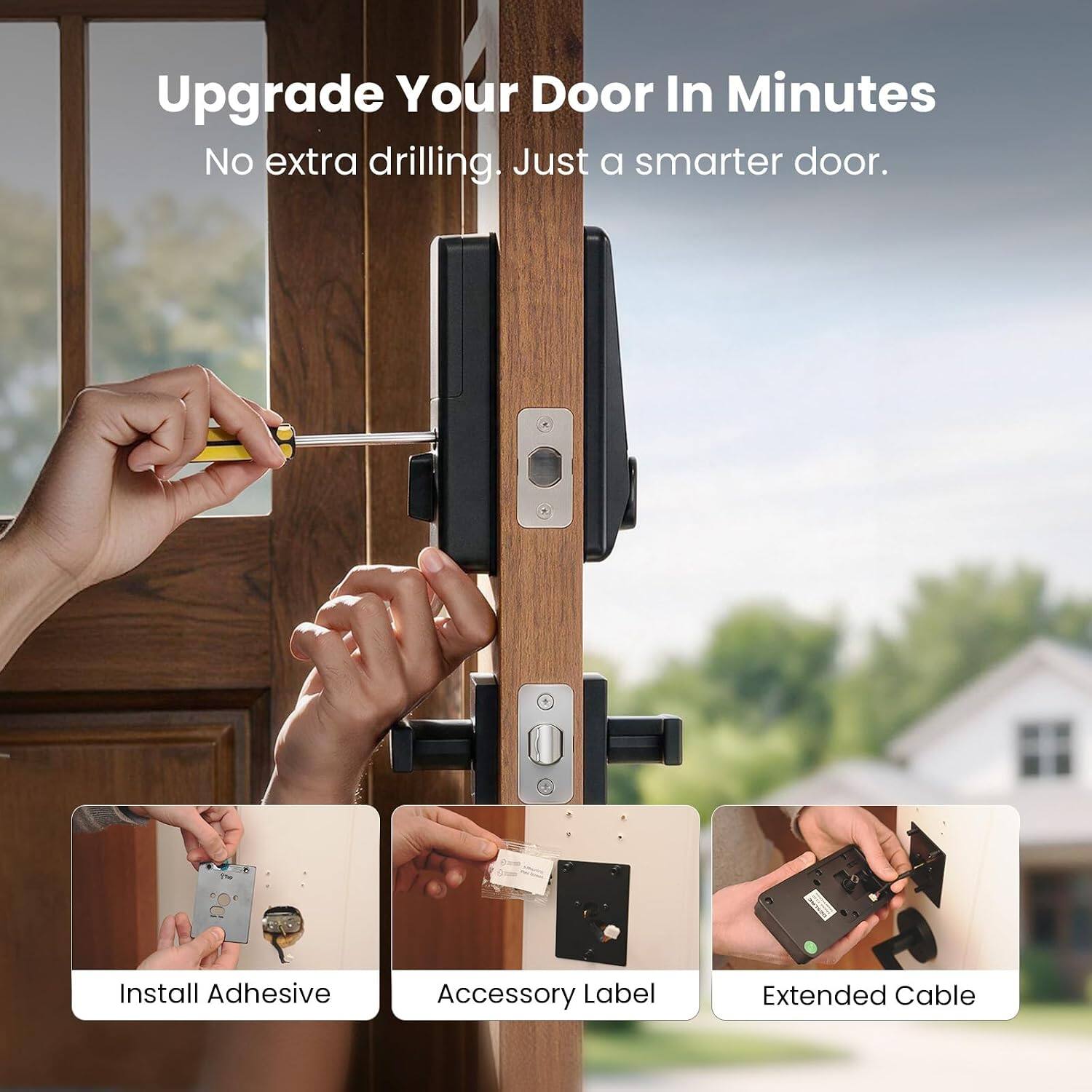Upgrade Your Door In Minutes  
No extra drilling. Just a smarter door.  

Install Adhesive  
Accessory Label  
Extended Cable