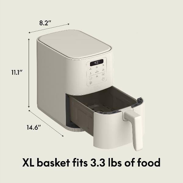 8.2" H x 11.1" W x 14.6" D  
XL basket fits 3.3 lbs of food