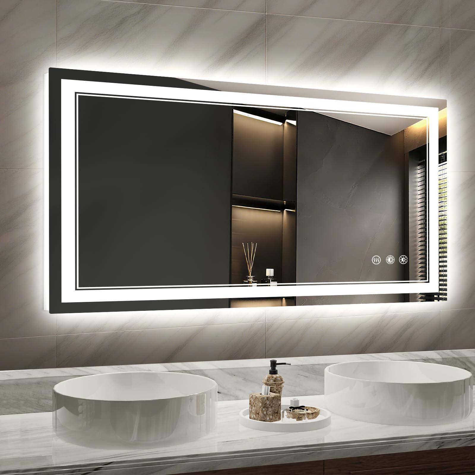 Earthley Blooms - Led Bathroom Mirror With Lights 24"x32" Wall Mounted Lighted Mirrors Fogless Anti-fog Dimmable Memory Fun - Front and Backlit-55"L x 30"W