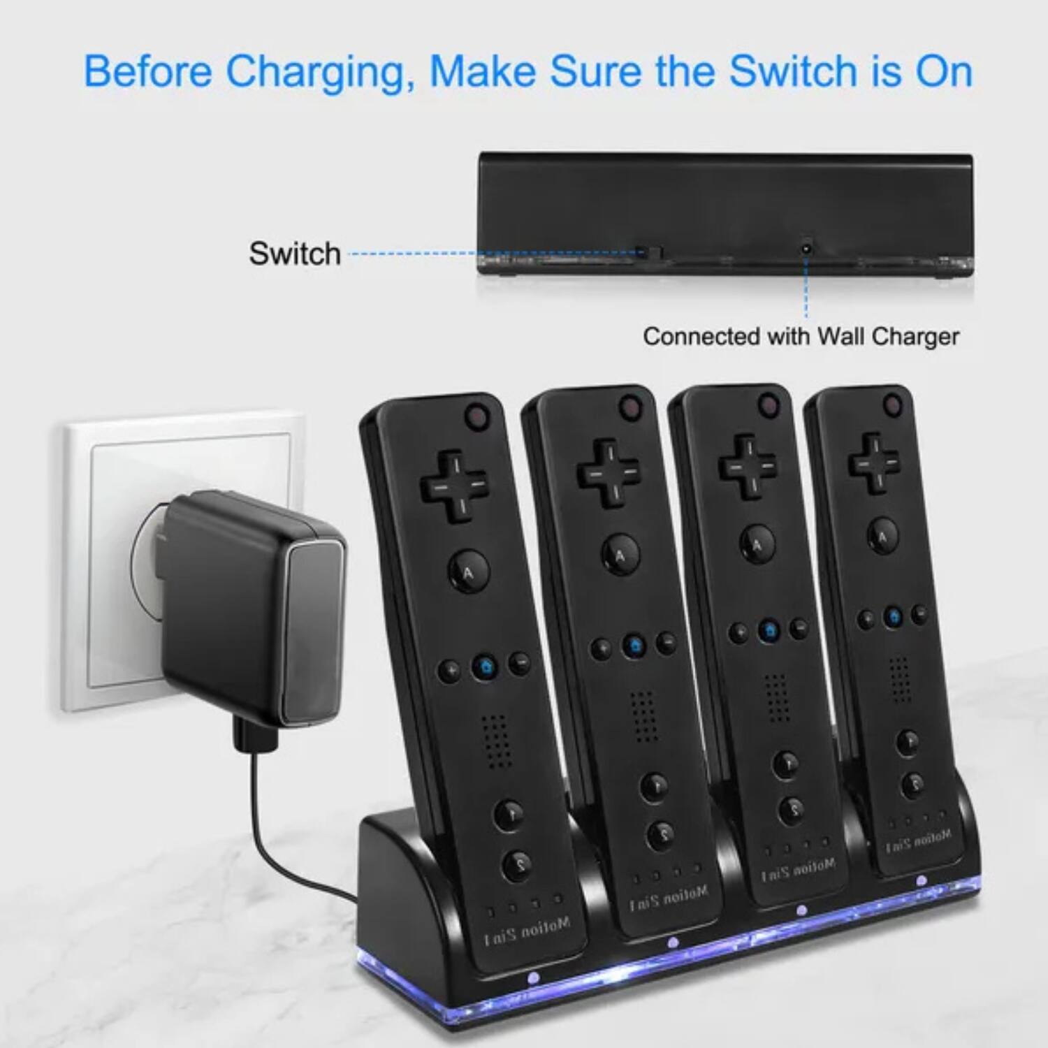 Before Charging, Make Sure the Switch is On

Switch
Connected with Wall Charger