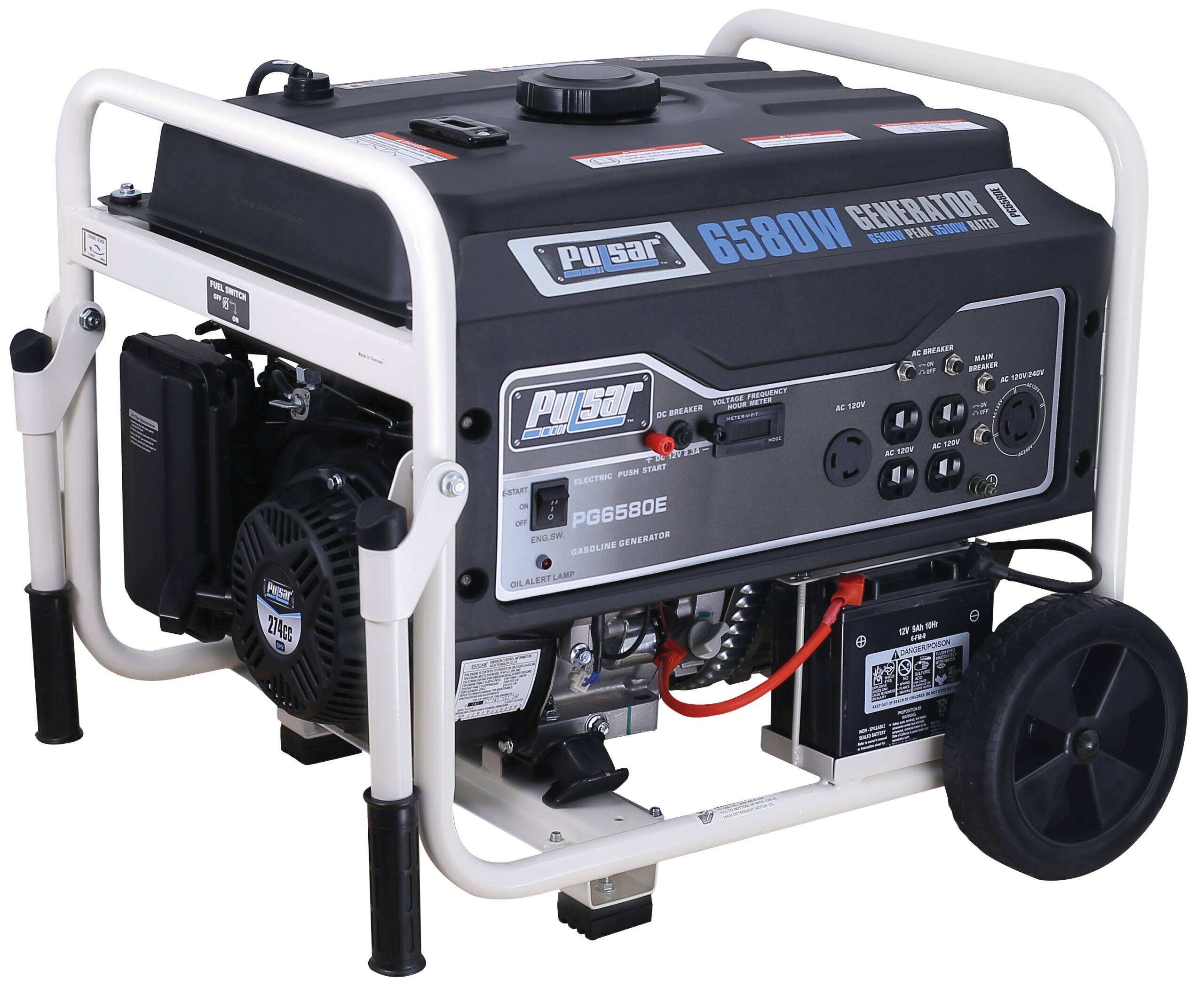 - Pulsar 6580W Generator Peak S500W Rated
- Voltage: 120V
- Frequency: 60Hz
- Meter: Pulsar 110
- Breaker: R
- Start: Electric
- PG6580E
- Enclosure
- Generator Cab
- Oil Alert Lamp
- Fuel: Gasoline
- AC Breaker: 20A
- Main Breaker: 20A
- AC 120V/240V
- AC 120V
- AC 120V/240V
- PG6580E
- Electric Push Start
- Oil Alert Lamp
- 217CC Engine
- 8.5HP
- 1100W
- 1800W
- 1800W
- 120V
- 240V
- 120V
- 240V