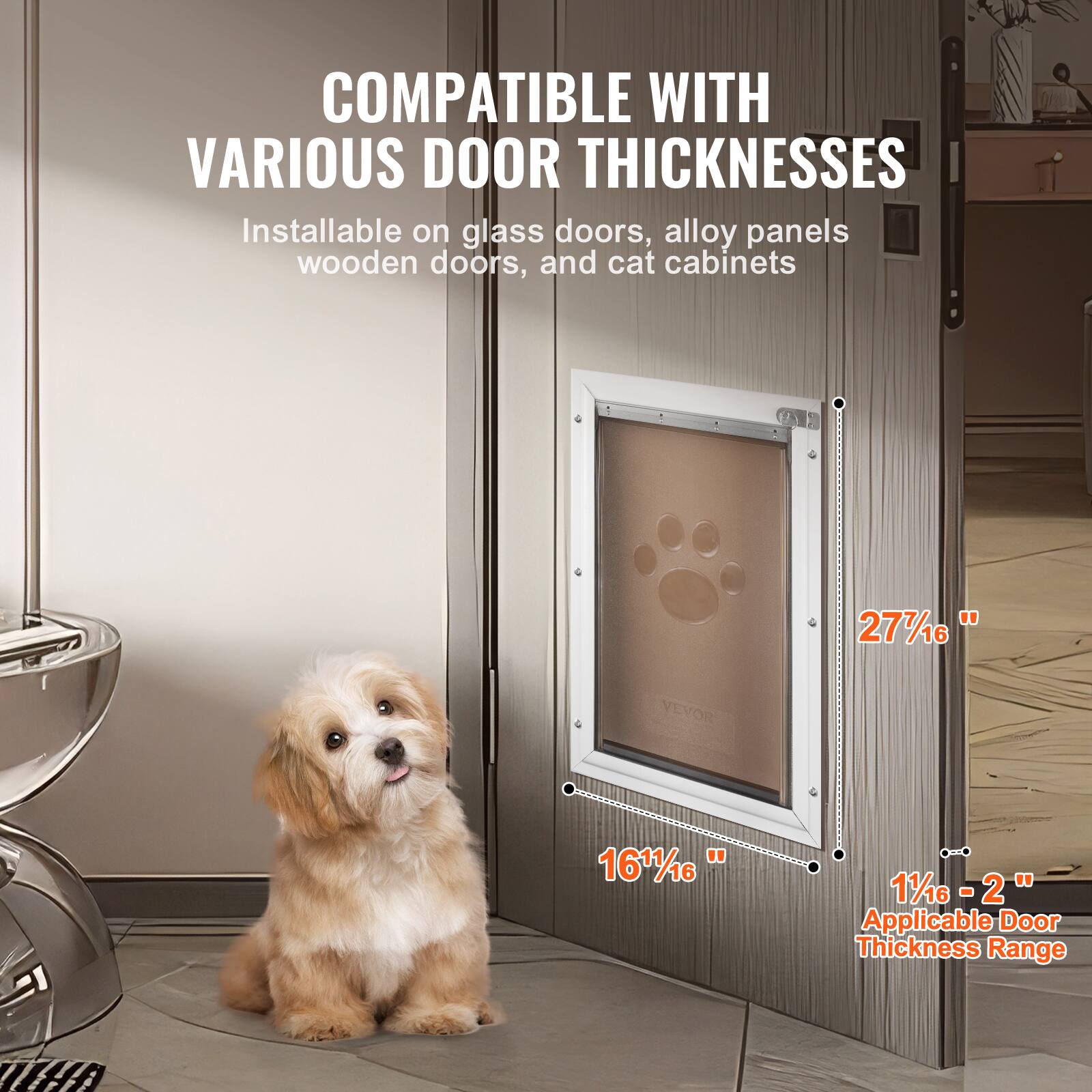 COMPATIBLE WITH VARIOUS DOOR THICKNESSES

Installable on glass doors, alloy panels, wooden doors, and cat cabinets

27 7/16"

16 1/16"

11/16 - 2"

Applicable Door Thickness Range