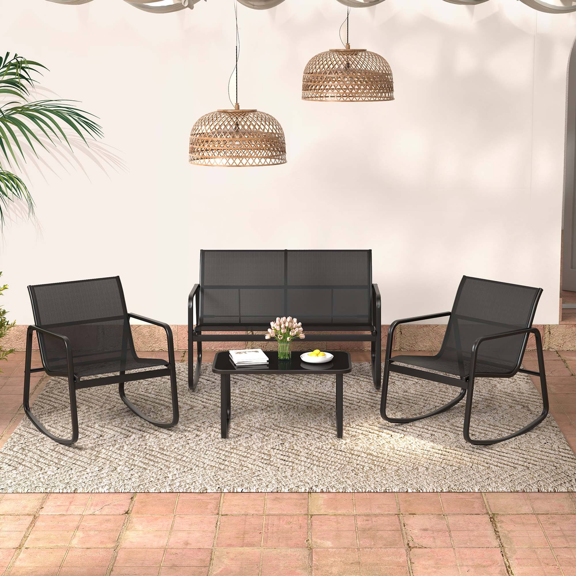 Alt View 4. Costway - 4 PCS Patio Rocking Rocking Chairs & Loveseat with Glass-Top Table Outdoor - Black.