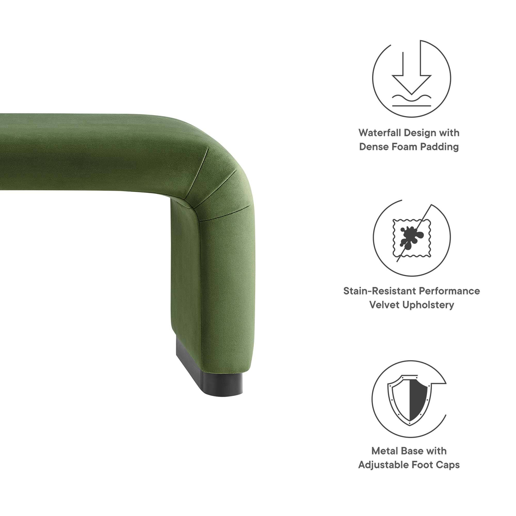 Waterfall Design with Dense Foam Padding  
Stain-Resistant Performance Velvet Upholstery  
Metal Base with Adjustable Foot Caps