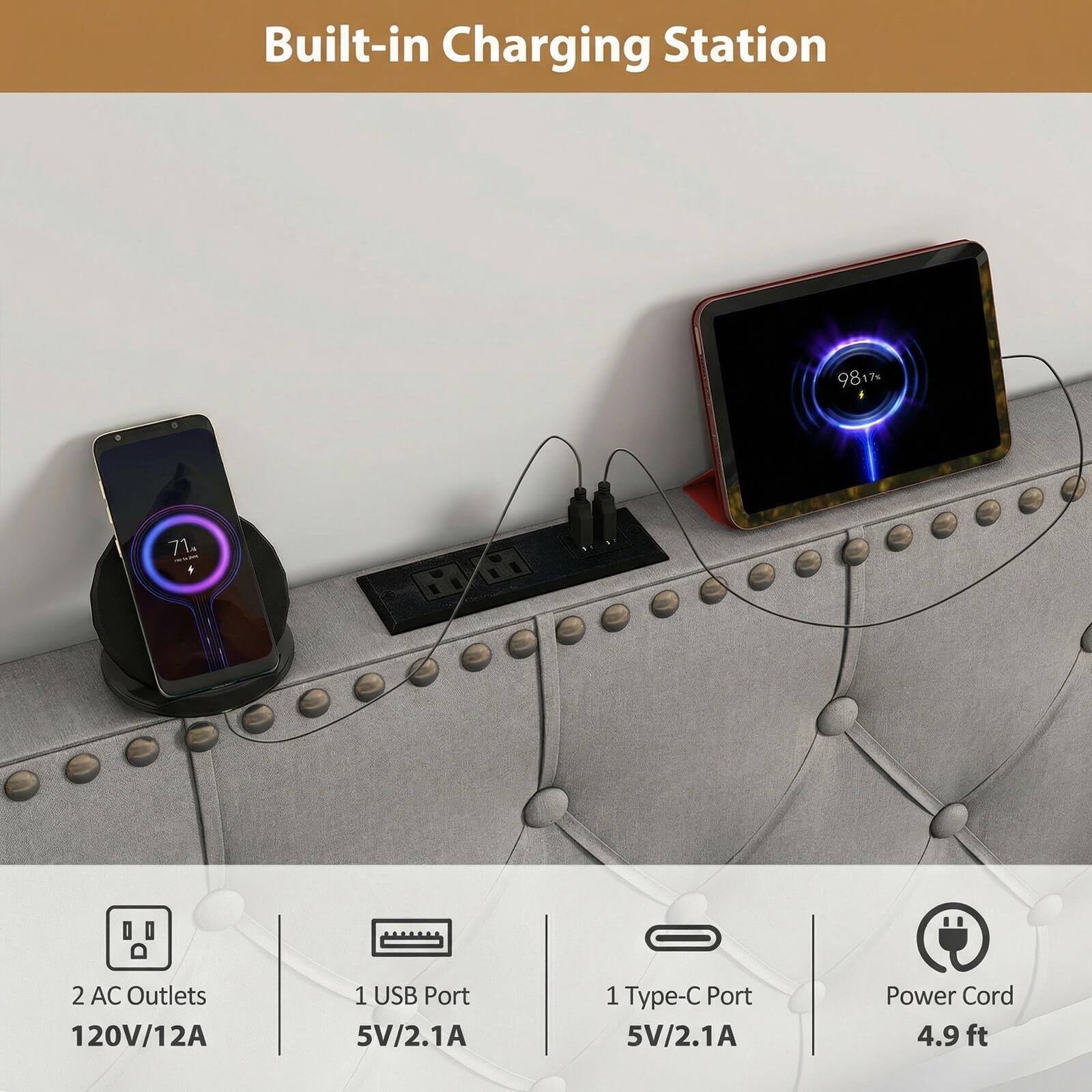Built-in Charging Station

- 2 AC Outlets 120V/12A
- 1 USB Port 5V/2.1A
- 1 Type-C Port 5V/2.1A
- Power Cord 4.9 ft