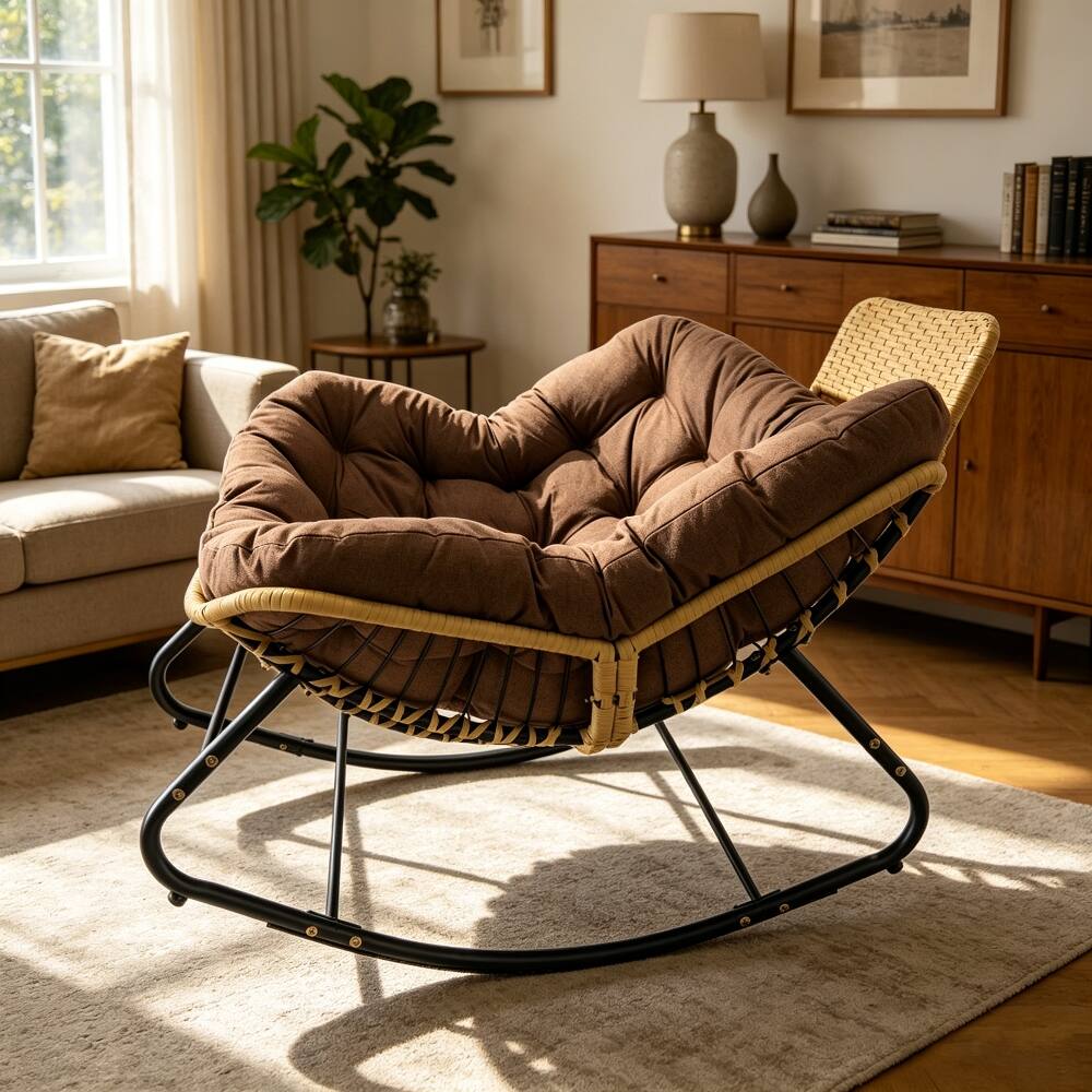 Front. Loheer - Loheer Oversized Papasan Rocking Chair Outdoor Egg Chair with Thick Cushion and Rattan Pillow Brown - Brown.