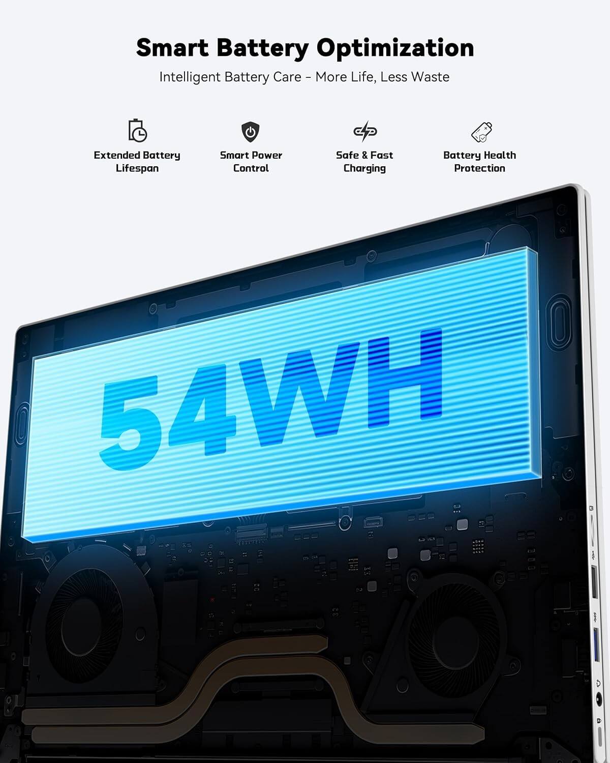 Smart Battery Optimization  
Intelligent Battery Care - More Life, Less Waste  

Extended Battery Lifespan  
Smart Power Control  
Safe & Fast Charging  
Battery Health Protection  

54WH