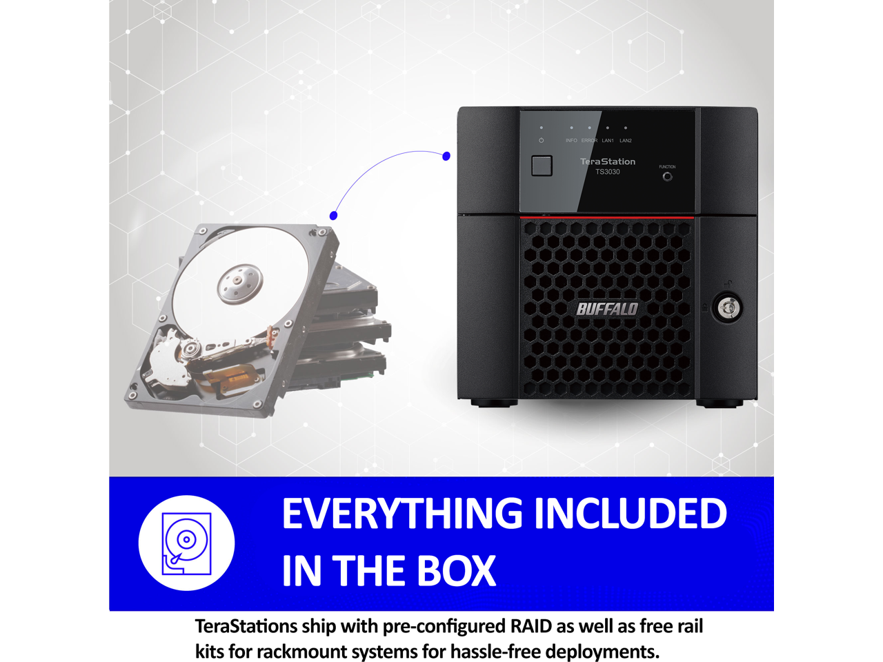 - COEE LAN LANU Tera TeraStation T83030 Function BUFFALO EVERYTHING INCLUDED IN THE BOX TeraStations ship with pre-configured RAID as well as free rail kits for rackmount systems for hassle-free deployments.