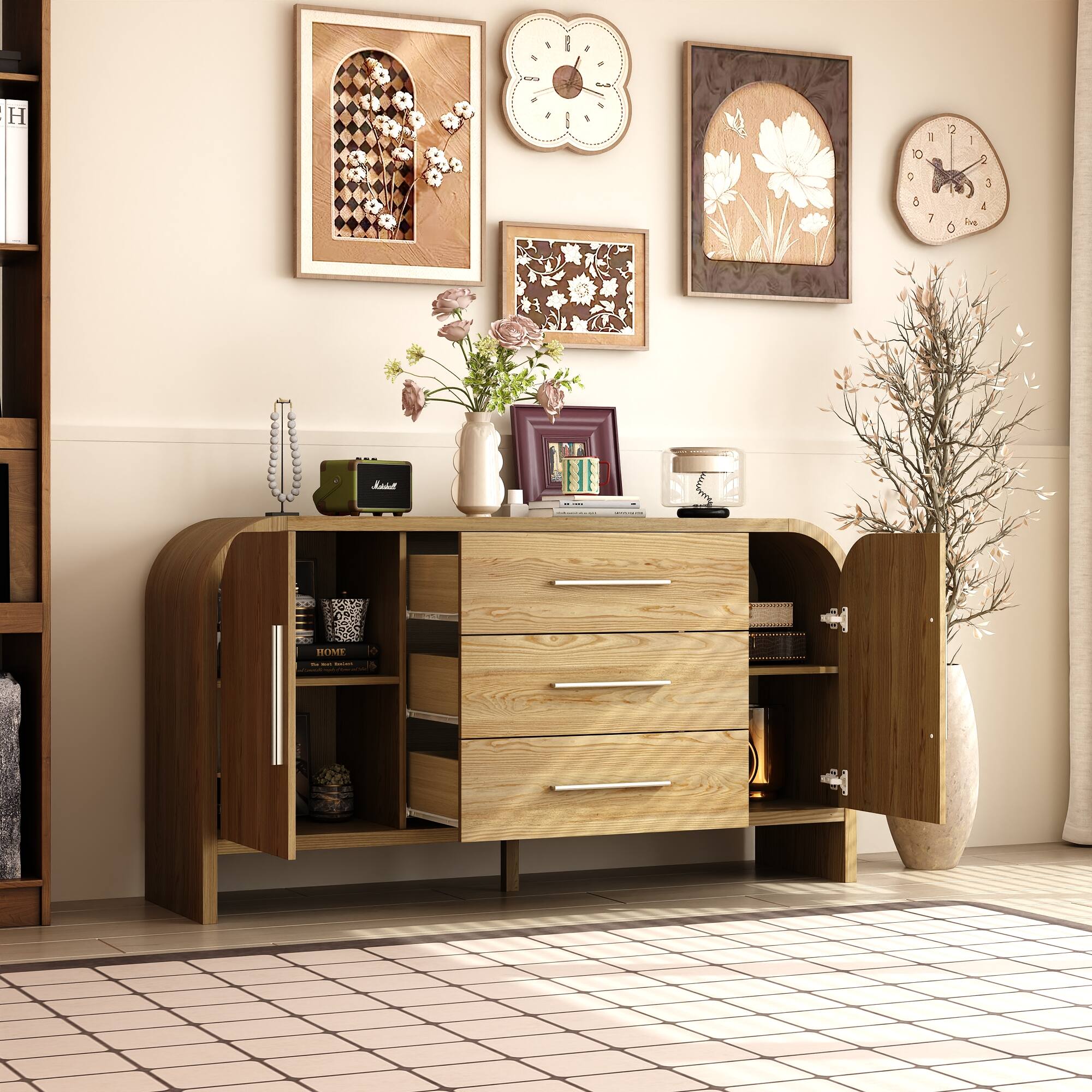 Alt View 9. FUFU & GAGA - FUFU&GAGA Light Wood Sideboard: Mid - Century, Multi - Drawer, Open - Shelf Storage - Brown.