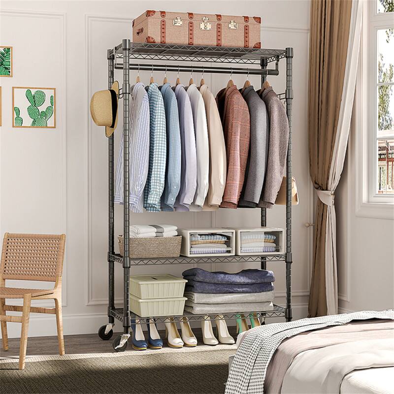 Angle. ALEXOUN - 3 Tiers Heavy Duty Rolling Garment Rack -15.7" x 29.5" x 74.5",Adjustable Wire Shelving, Rack with Rods and Side Hooks - Black.