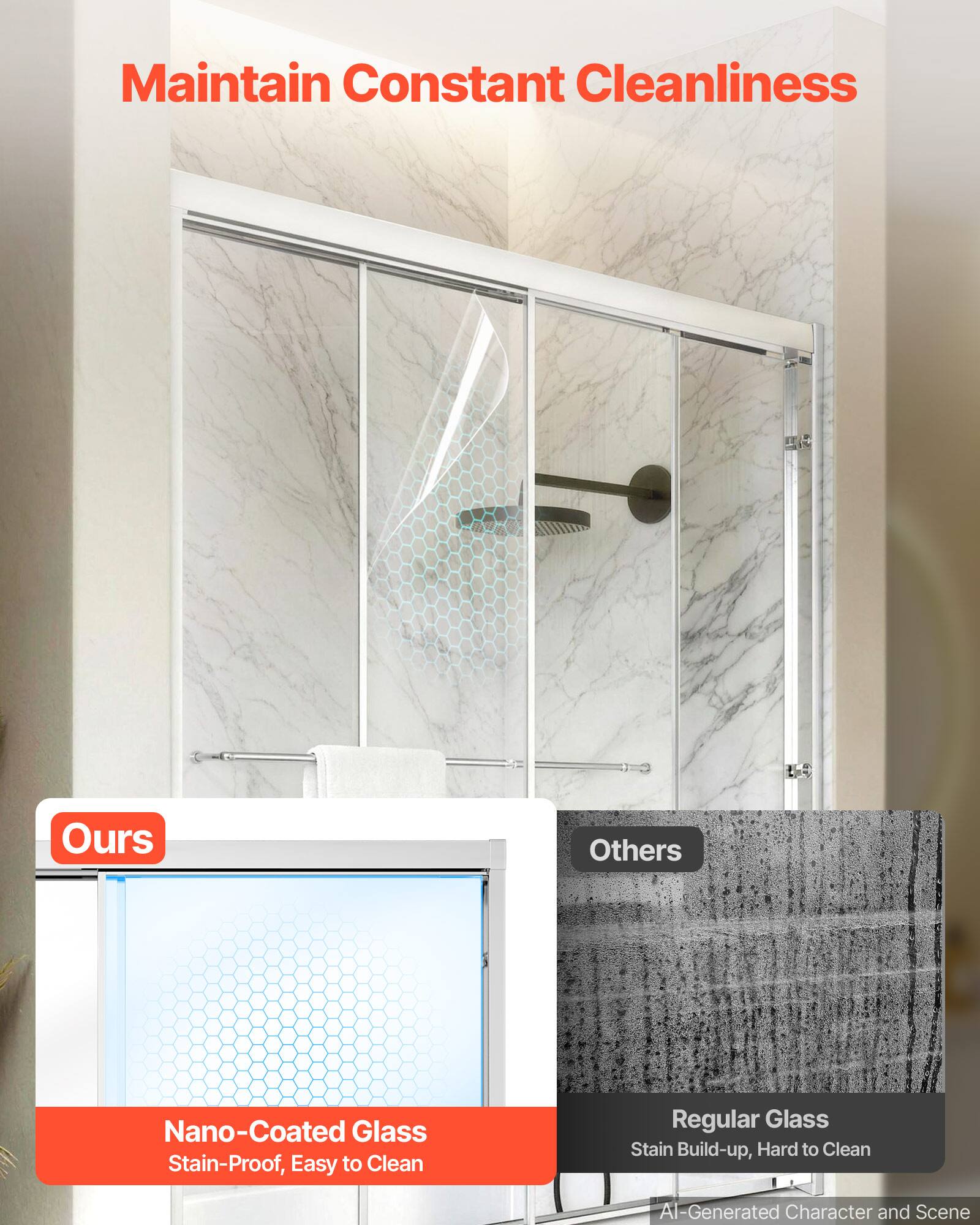Maintain Constant Cleanliness

Ours
Nano-Coated Glass
Stain-Proof, Easy to Clean

Others
Regular Glass
Stain Build-up, Hard to Clean

AI-Generated Character and Scene