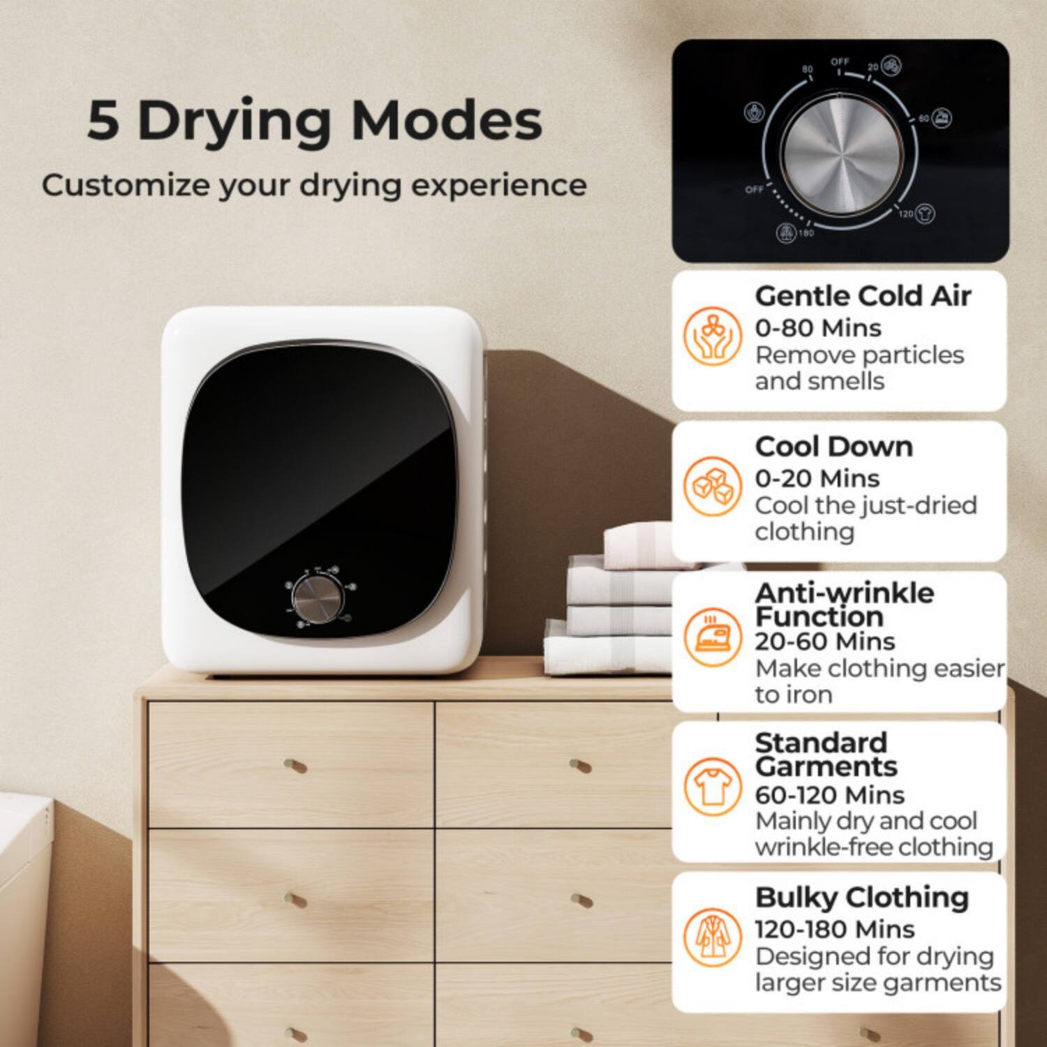 5 Drying Modes  
Customize your drying experience

- Gentle Cold Air  
  0-80 Mins  
  Remove particles and smells

- Cool Down  
  0-20 Mins  
  Cool the just-dried clothing

- Anti-wrinkle Function  
  20-60 Mins  
  Make clothing easier to iron

- Standard Garments  
  60-120 Mins  
  Mainly dry and cool wrinkle-free clothing

- Bulky Clothing  
  120-180 Mins  
  Designed for drying larger size garments