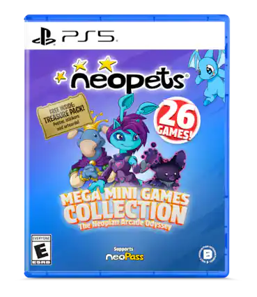 PS5.
Neopets
FREE INSIDE: TREASURE PACK!
Poster, stickers and artcards!
26 GAMES!
MEGA MINI GAMES COLLECTION
The Neopian Arcade Odyssey
EVERYONE
Supports neoPass
ESRB 419
INTERNATIONAL PRODUCTION - RP (Rating Pending)