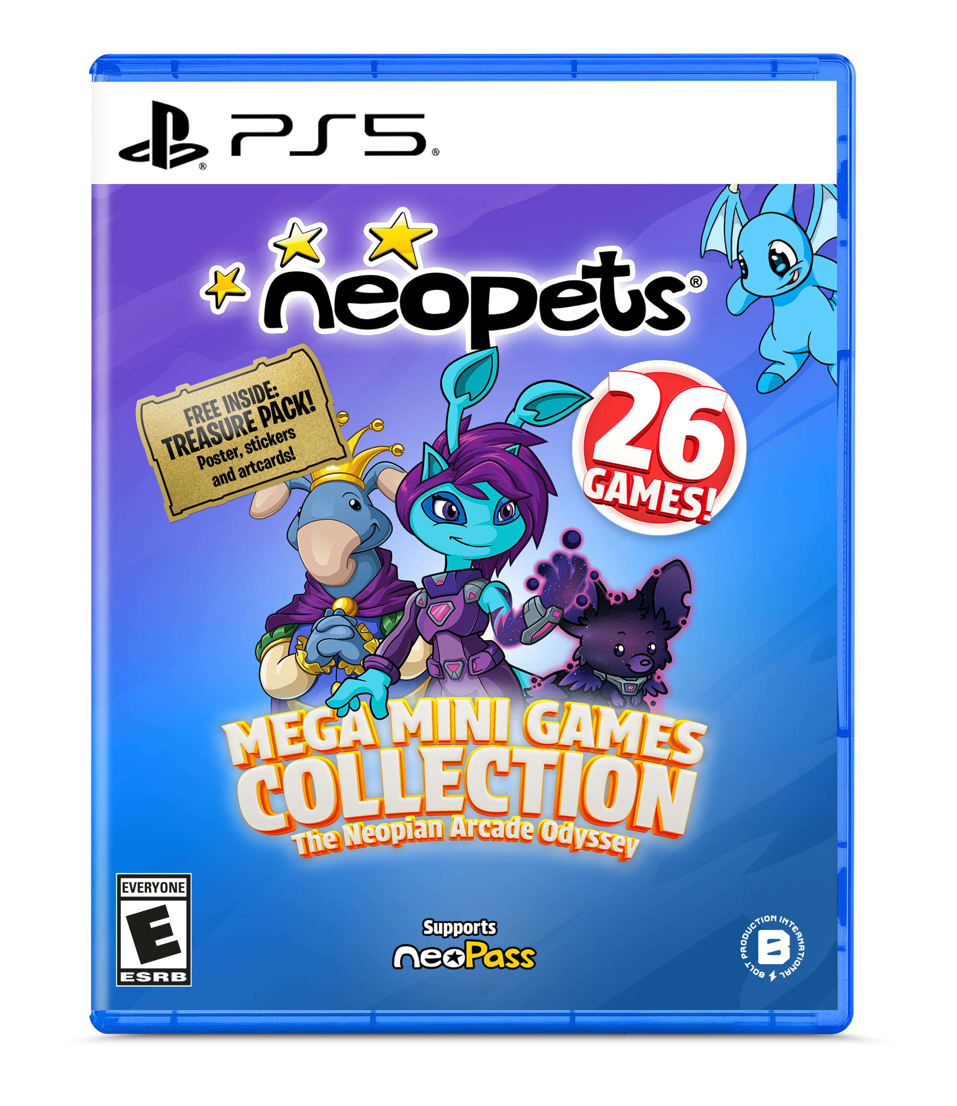 PS5.  
Neopets  
FREE INSIDE: TREASURE PACK!  
Poster, stickers and artcards!  
26 GAMES!  
MEGA MINI GAMES COLLECTION  
The Neopian Arcade Odyssey  
EVERYONE  
Supports neoPass  
ESRB 419  
INTERNATIONAL PRODUCTION