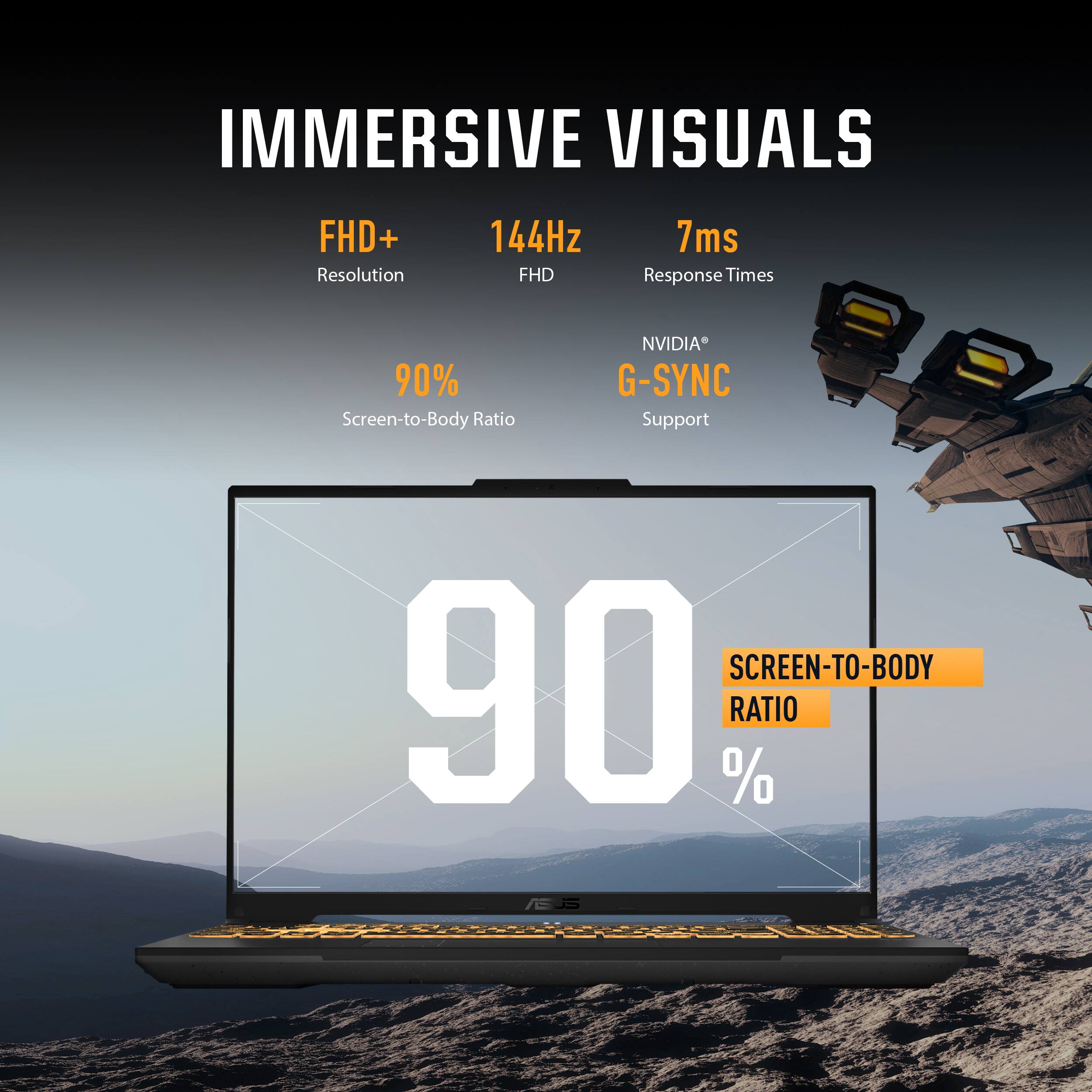 Immersive Visuals: FHD+ Resolution, 144Hz, 7ms Response Times, 90% Screen-to-Body Ratio, NVIDIA G-SYNC Support.