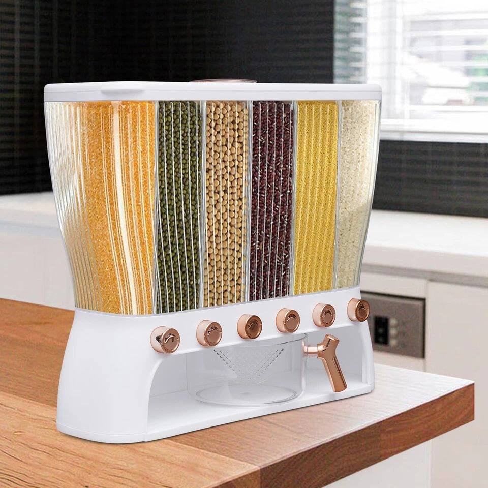 Angle. Home Collection - Six-Grid Dry Food Dispenser 10 kg Rice and Cereal Storage Container - Clear, White, Gold.