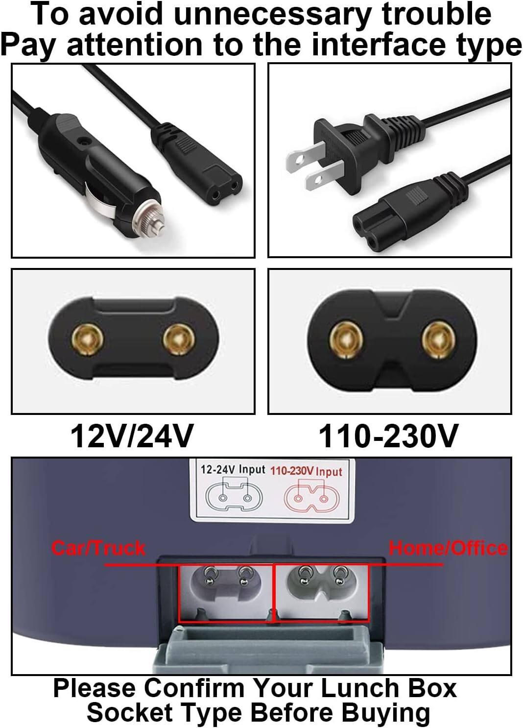 To avoid unnecessary trouble, pay attention to the interface type.

12V/24V  
110-230V

Car/Truck  
Home/Office

Please confirm your lunch box socket type before buying.