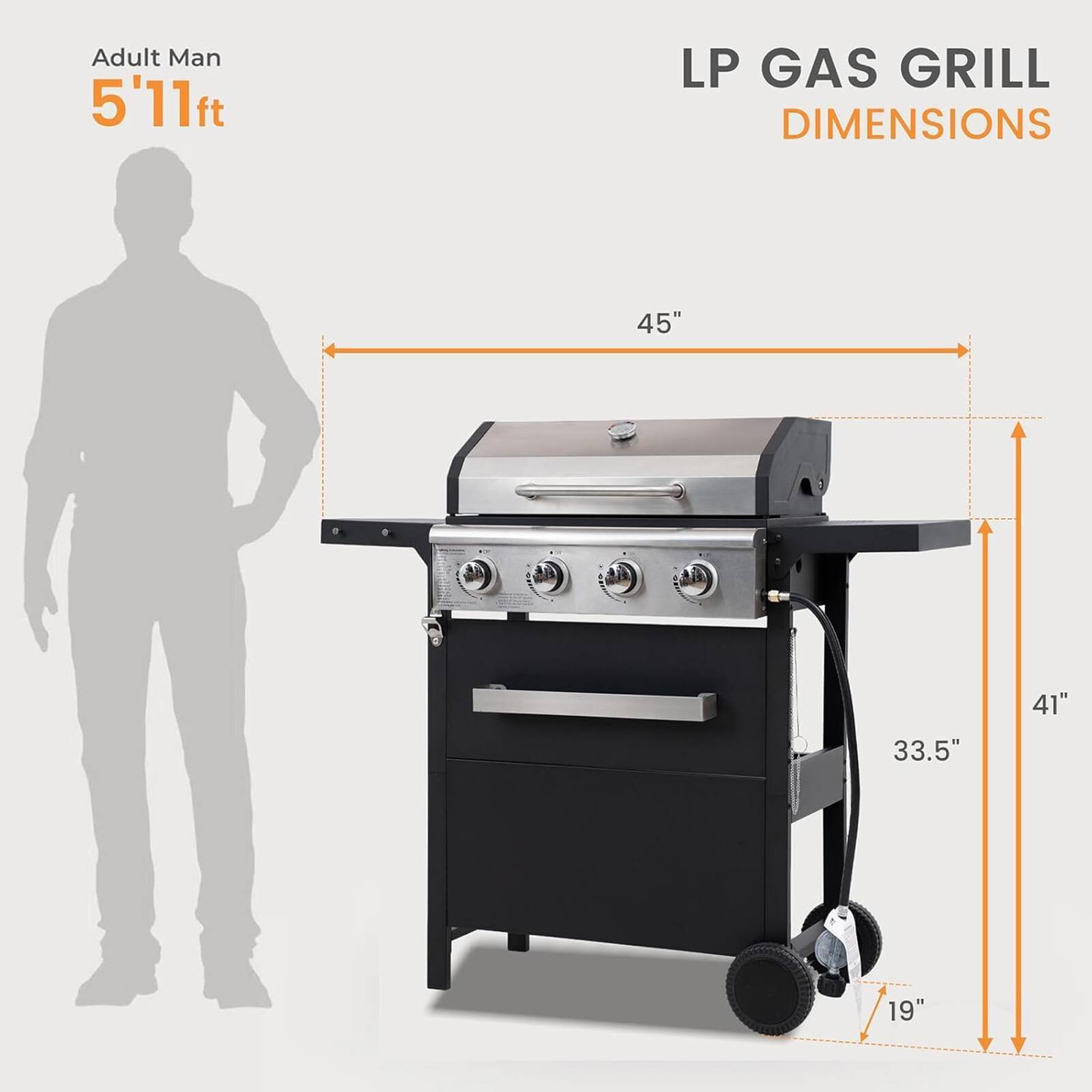 Adult Man 5'11"ft LP GAS GRILL DIMENSIONS 45" 33.5" 41" 19"