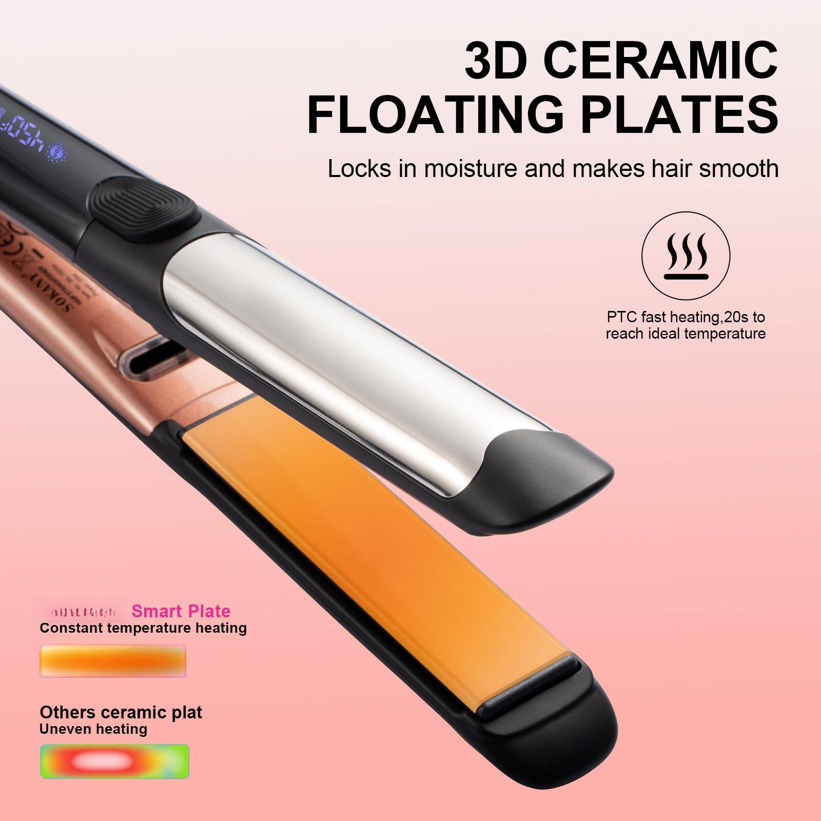 1. 3D CERAMIC FLOATING PLATES  
   Locks in moisture and makes hair smooth

2. PTC fast heating, 20s to reach ideal temperature

3. Smart Plate  
   Constant temperature heating

4. Others ceramic plat  
   Uneven heating