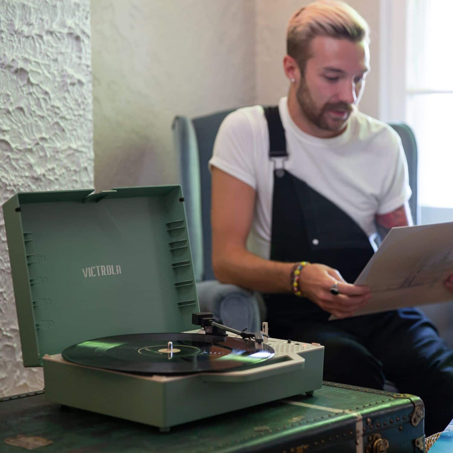 Alt View Zoom 11. Victrola - Re-Spin Sustainable Bluetooth Suitcase Record Player - Basil Green.